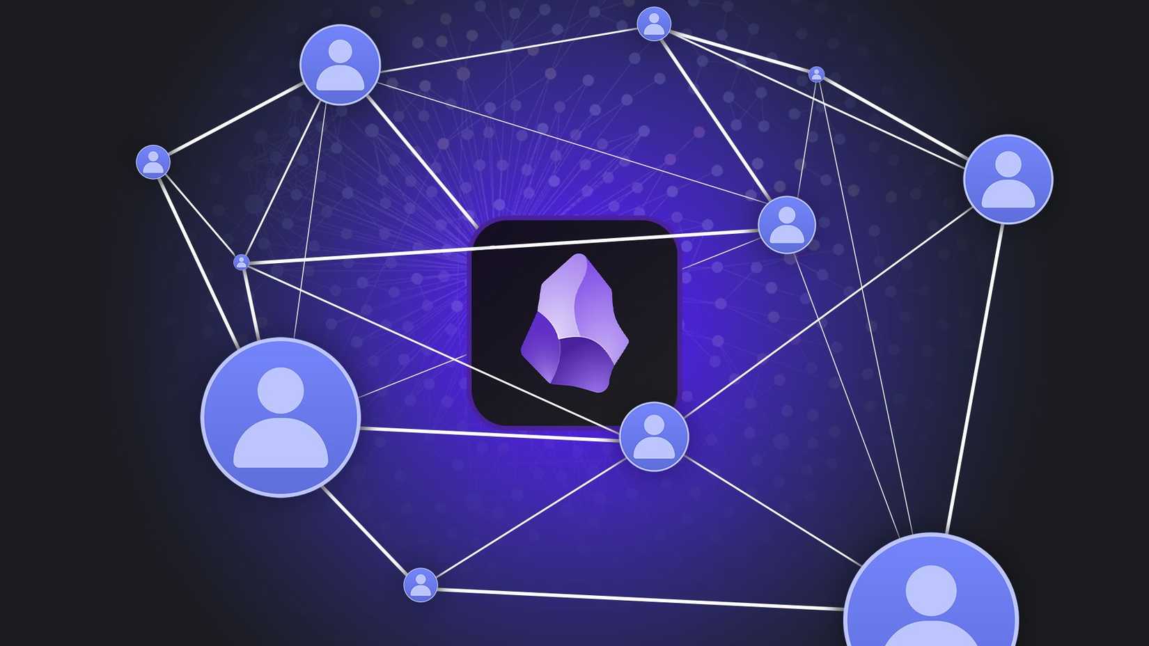 Logotipo Obsidian cercado por ícones de usuários conectados em um fundo escuro
