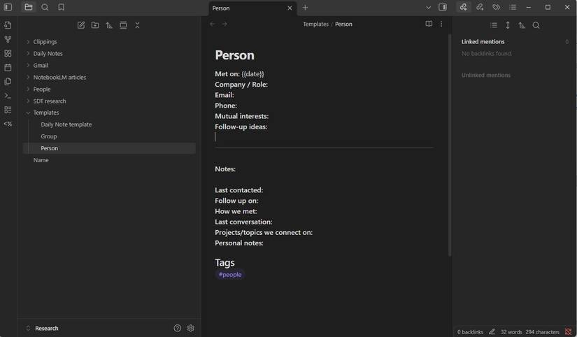 Screenshot showing a template in Obsidian
