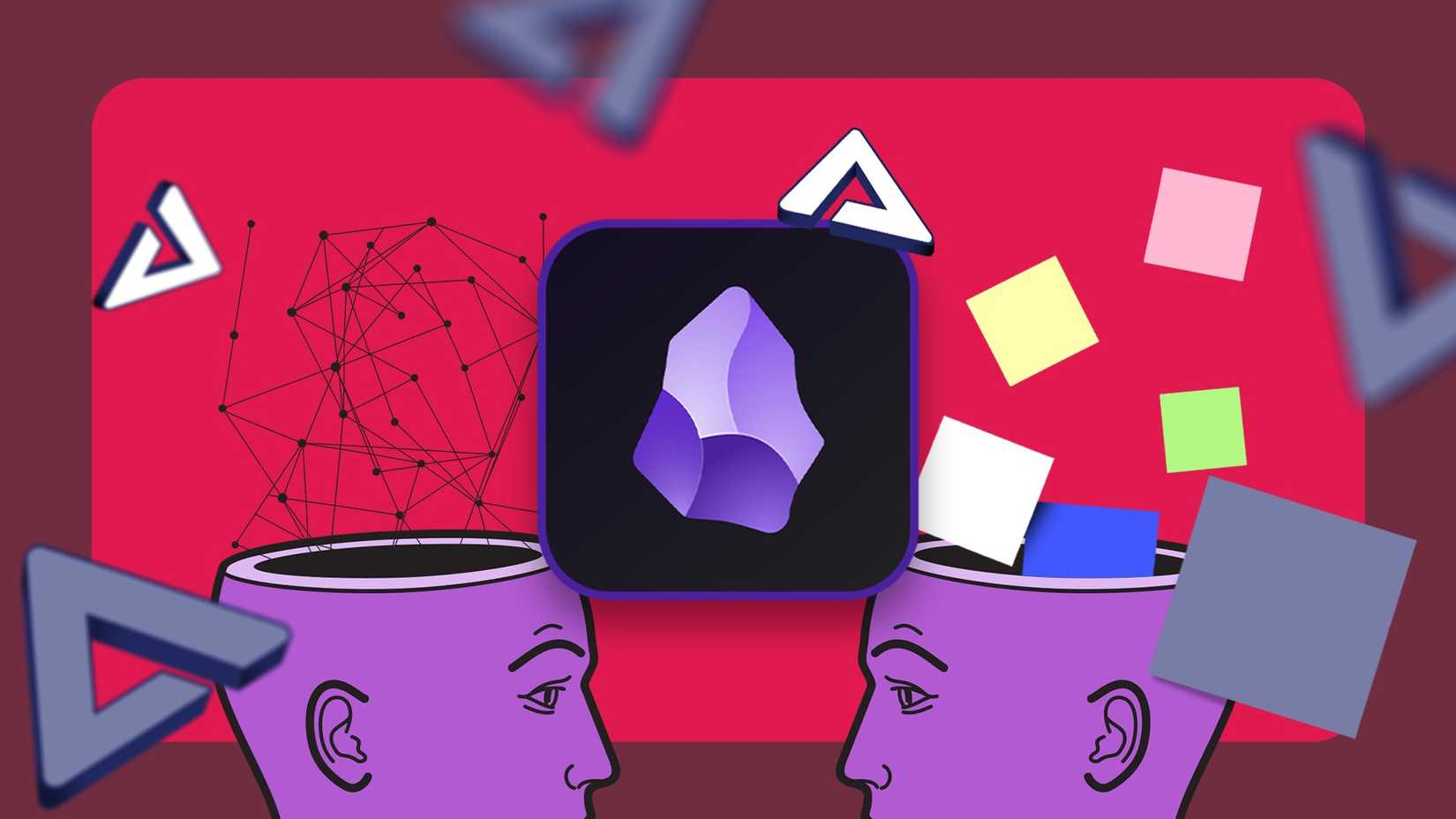 Two animated heads with notes and neural maps inside, surrounded by the Obsidian logo