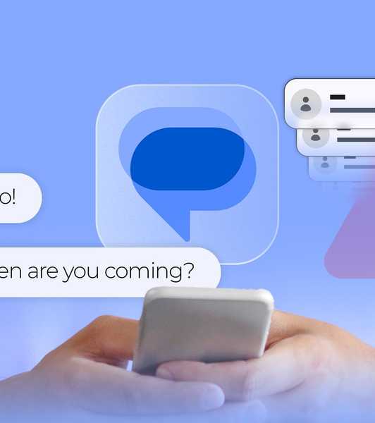 Person holding a smartphone with the Google Messages logo, chat bubbles, and pinned conversation icons above