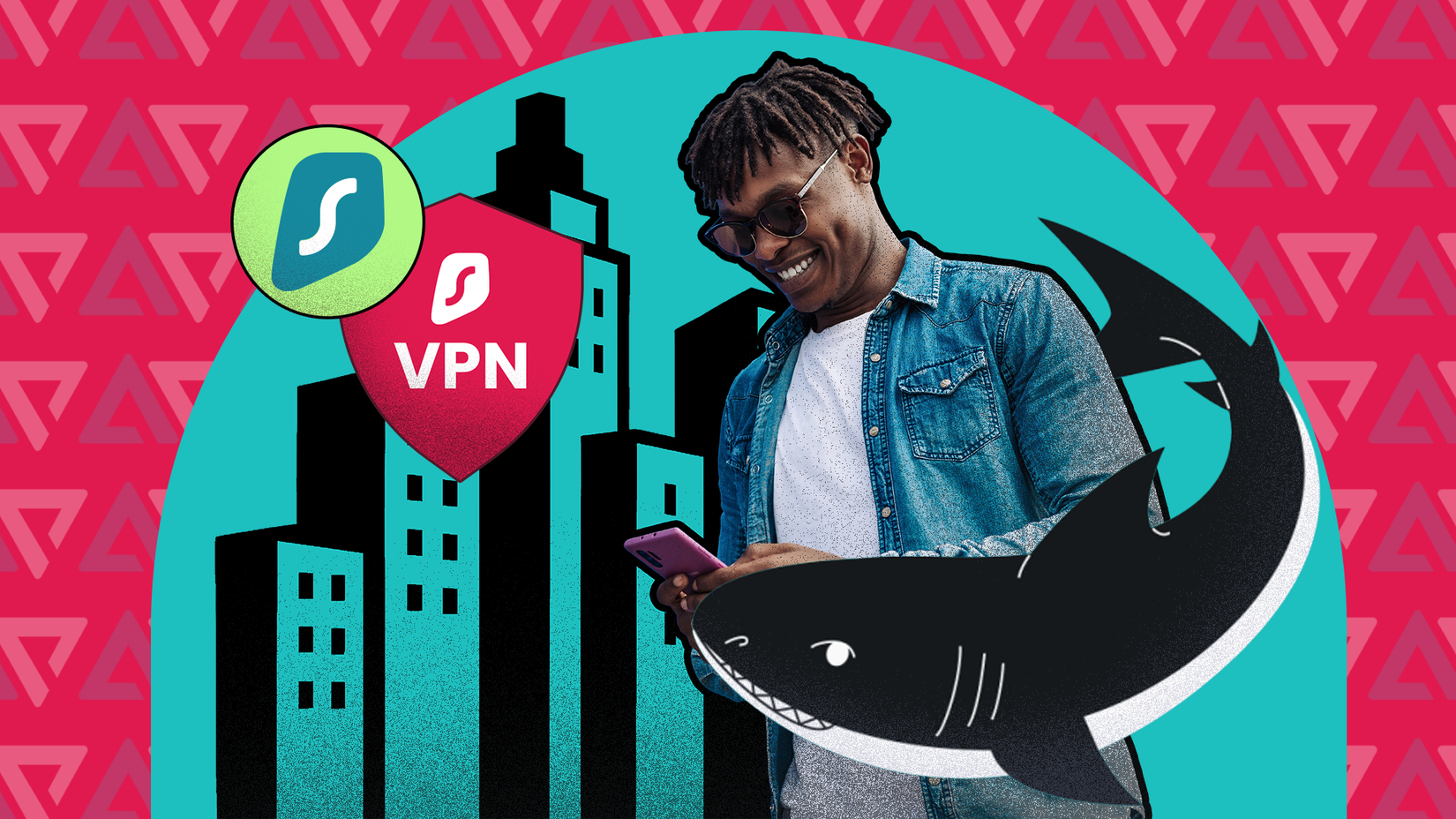 A person using their smartphone with an animated shark next to them.