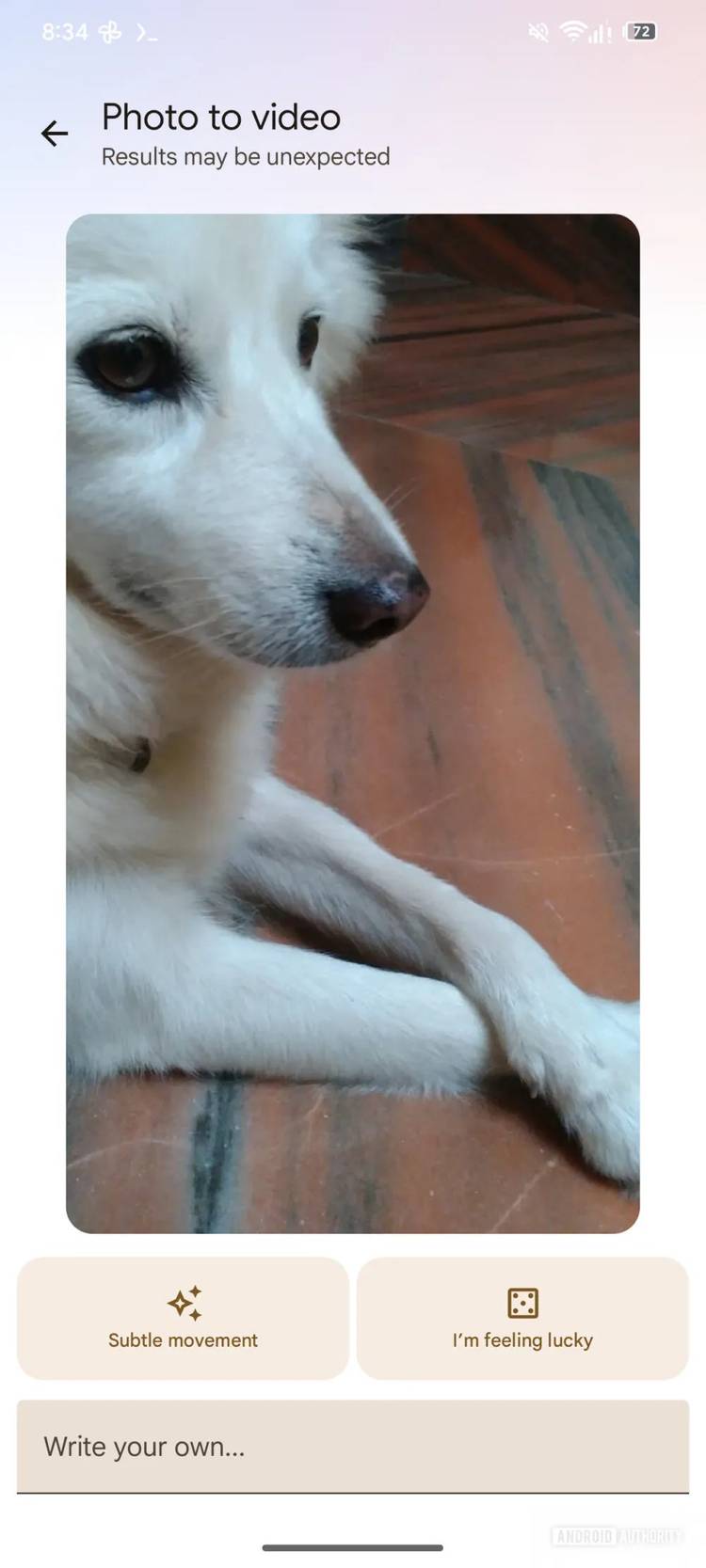 A screenshot detailing the new prompt box in the Google Photos app's Photo to video tool