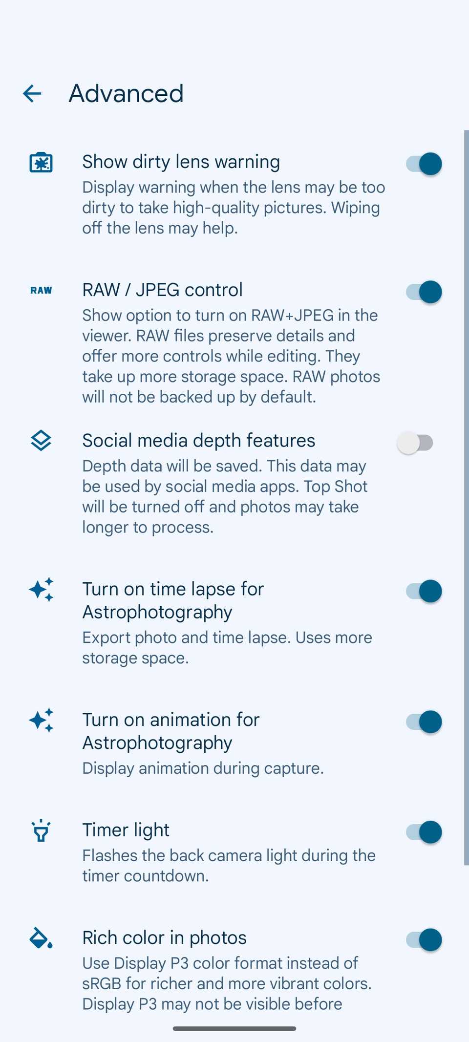 Menu avançado da câmera Pixel
