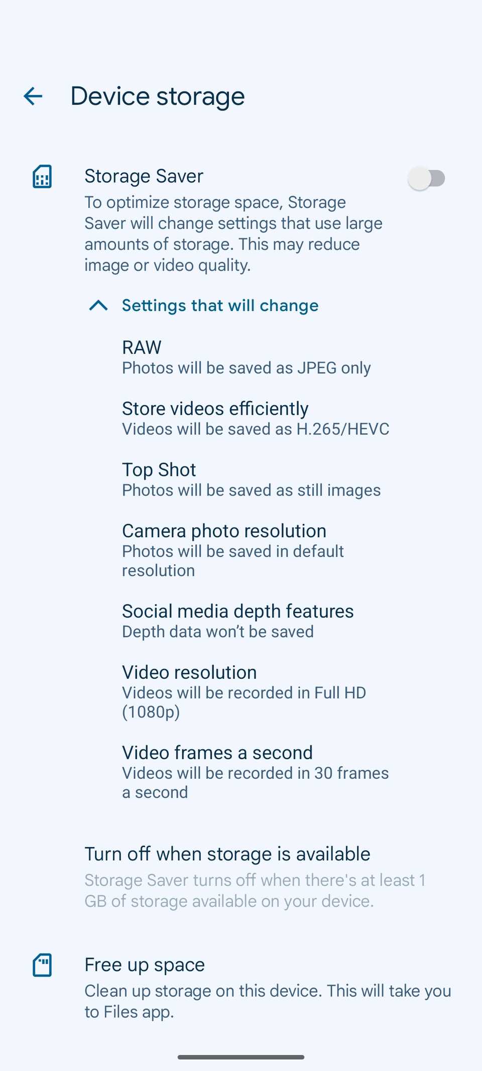 Menu de economia de armazenamento da câmera Pixel