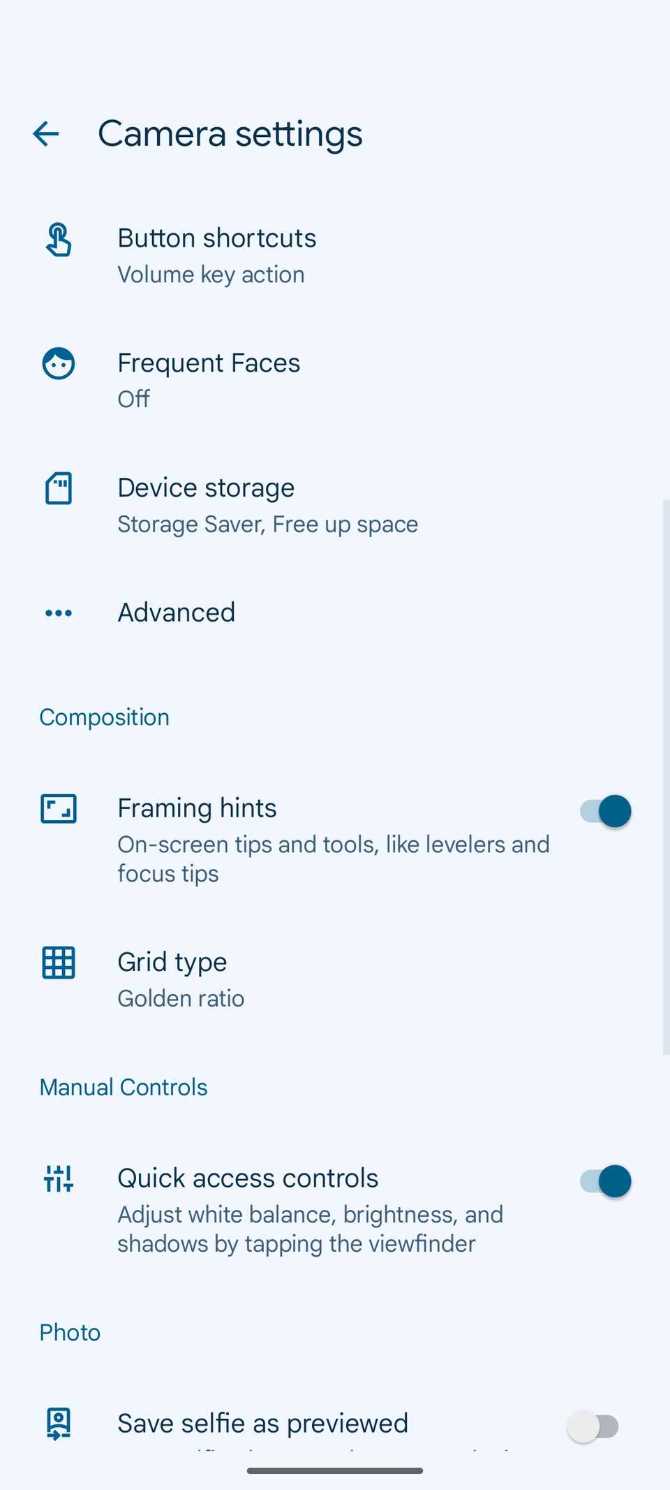 Menu avançado da câmera Pixel