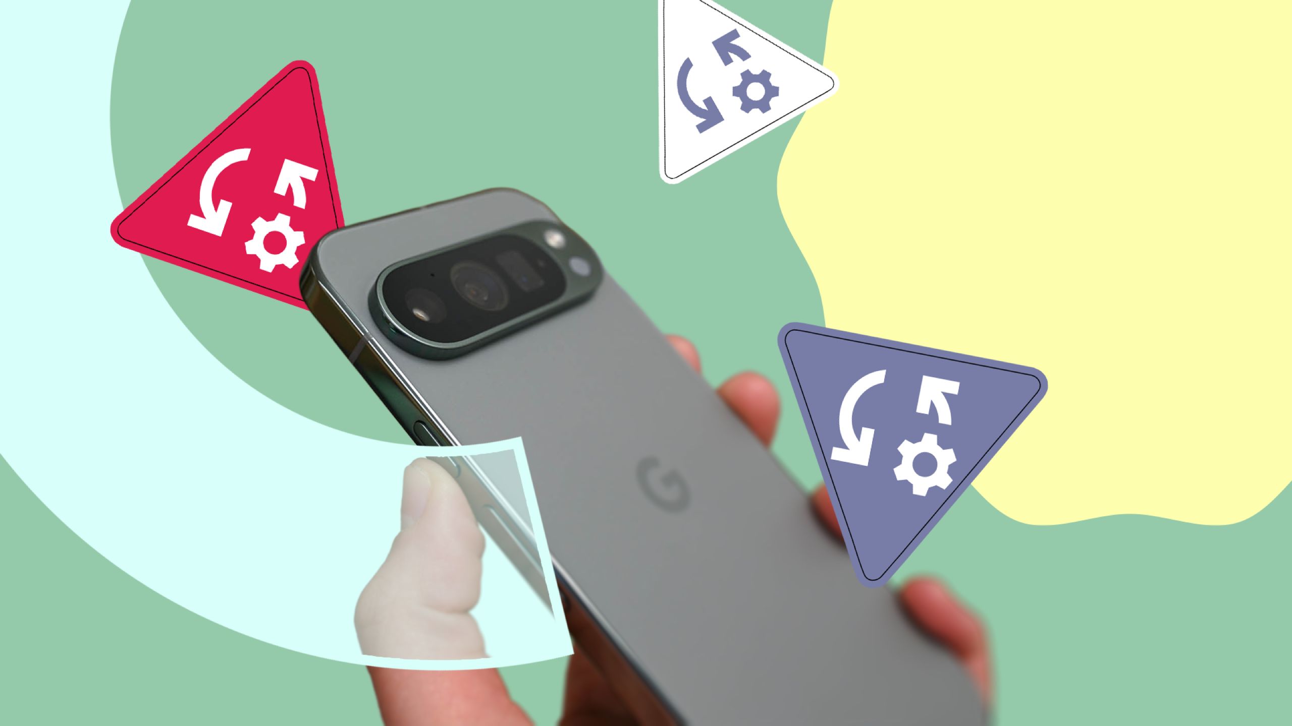 A hand holding a Google Pixel smartphone with floating 