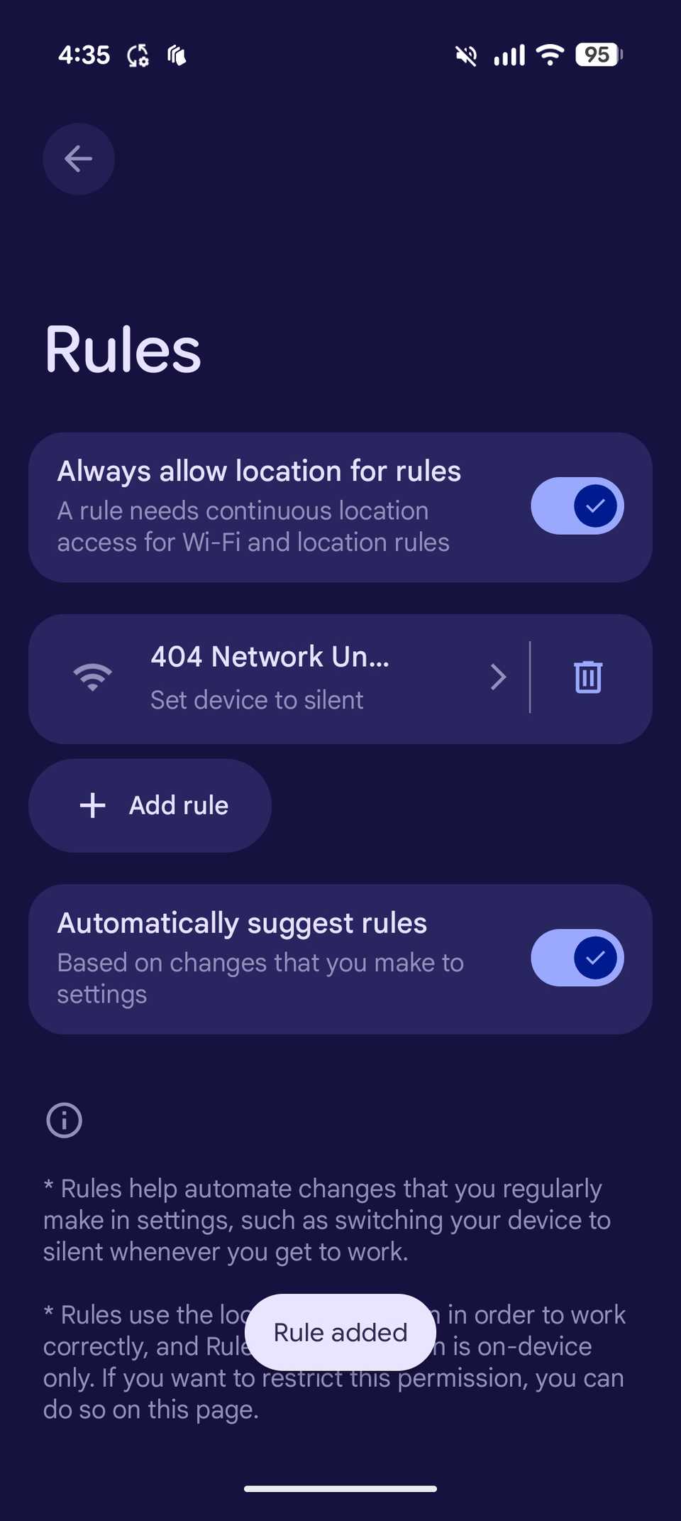 Schermata finale dopo l'impostazione della regola in Pixel