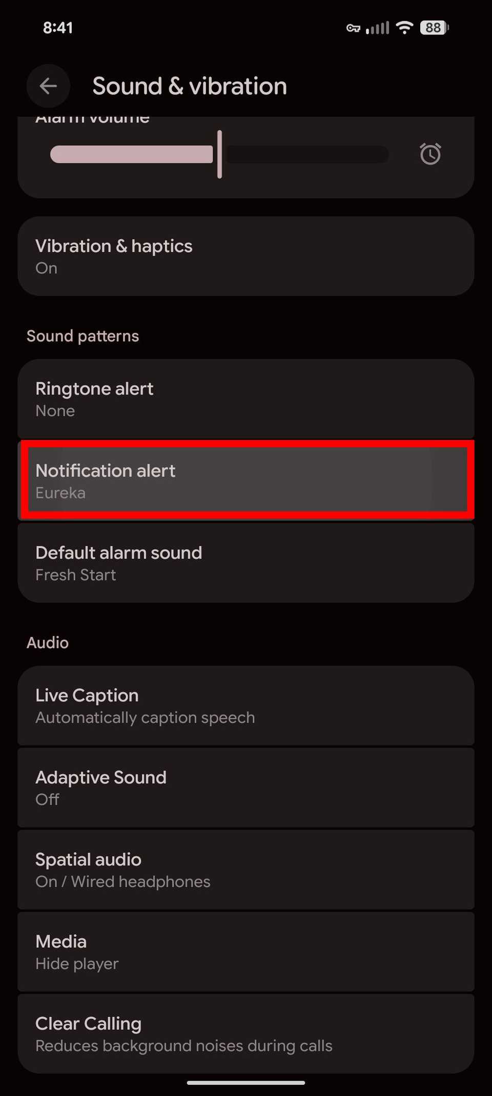 Red rectangle outline highlighting Notification alert in Sound & vibration settings on Android 16