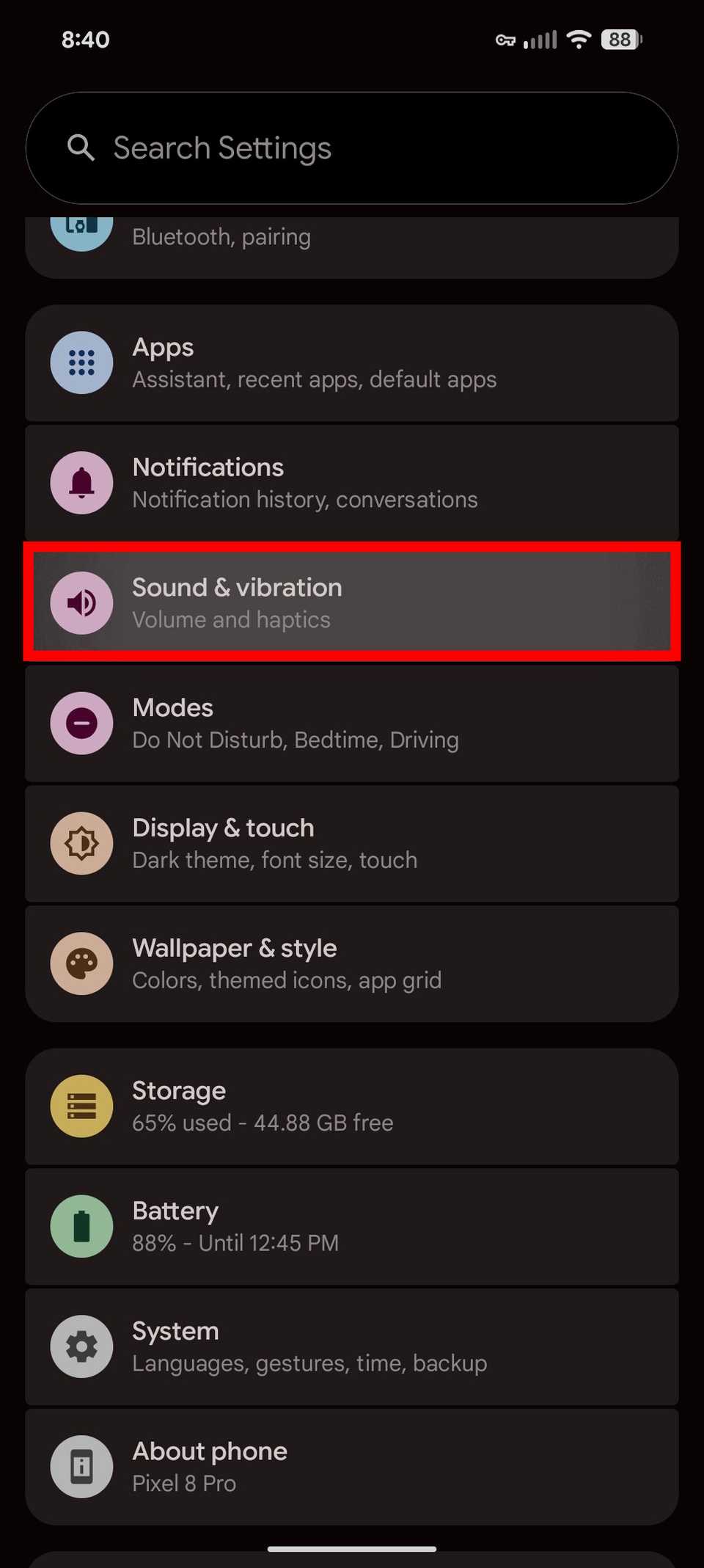 Red rectangle outline highlighting Sound & vibration in Pixel settings on Android 16