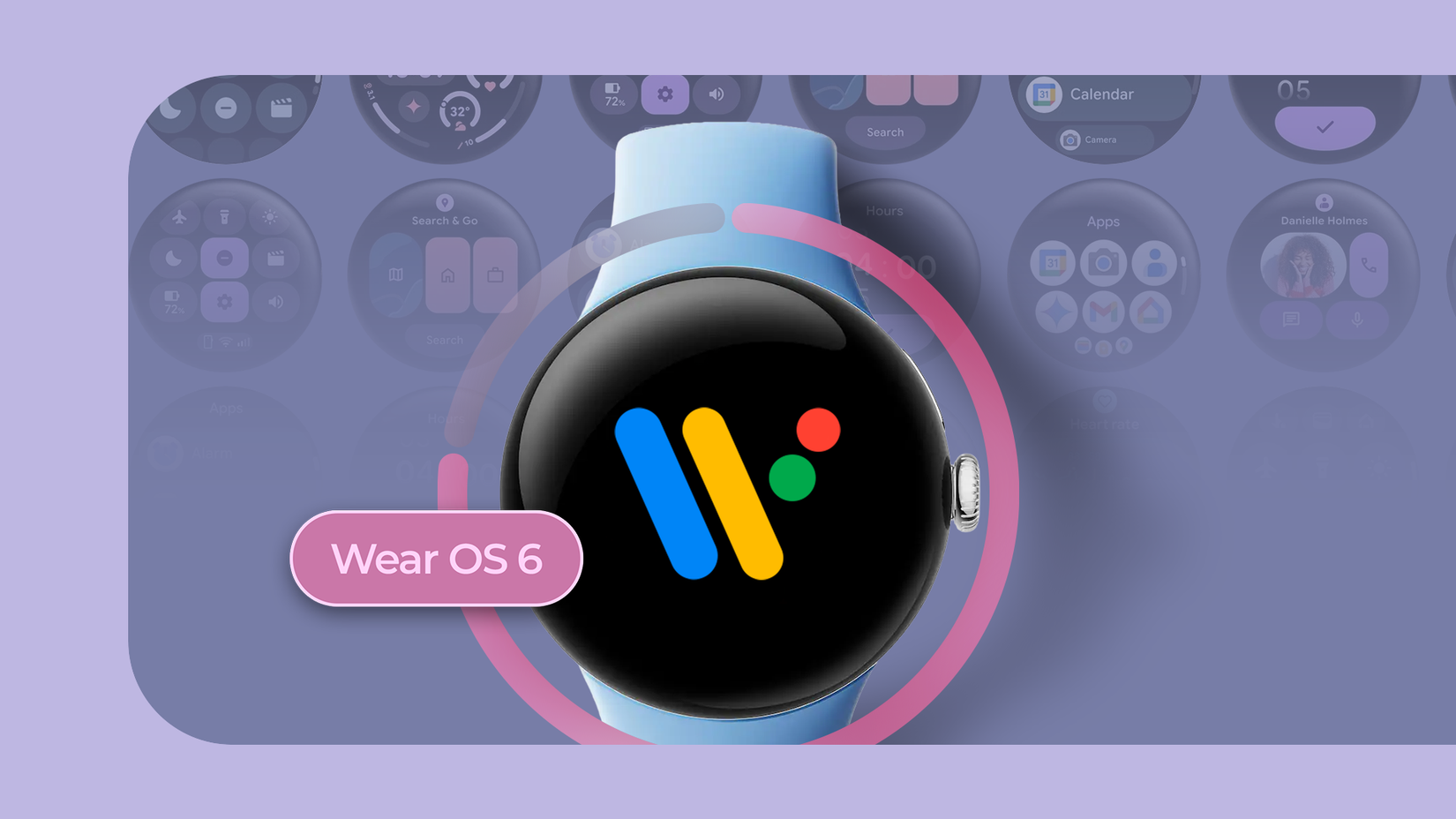 Illustration of a Pixel Watch 2 displaying the Wear OS logo, with a label reading 'Wear OS 6'