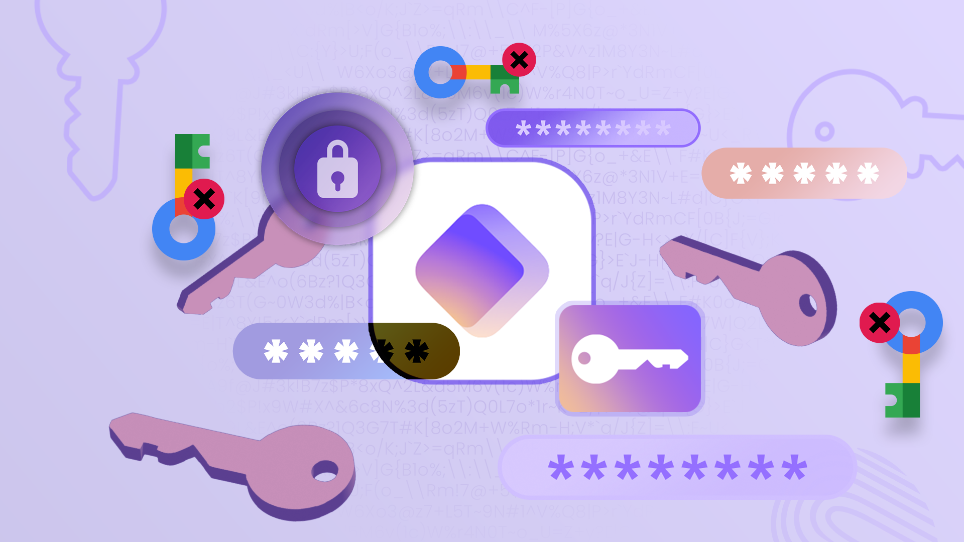 Logo Proton Pass circondato da chiavi digitali colorate e simboli di password, oltre al gestore delle password di Google barrato.