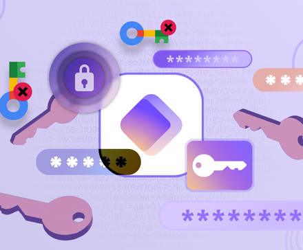 Proton Pass logo surrounded by colorful digital keys and password symbols, and the crossed-out Google Password Manager.