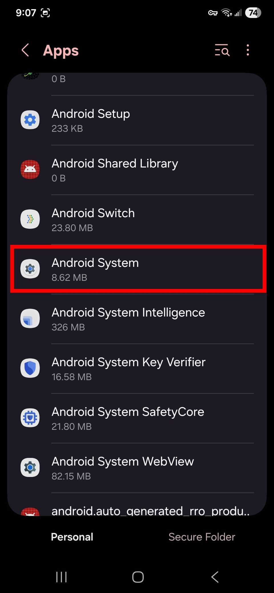مخطط مستطيل أحمر يسلط الضوء على نظام Android في التطبيقات على One UI 8