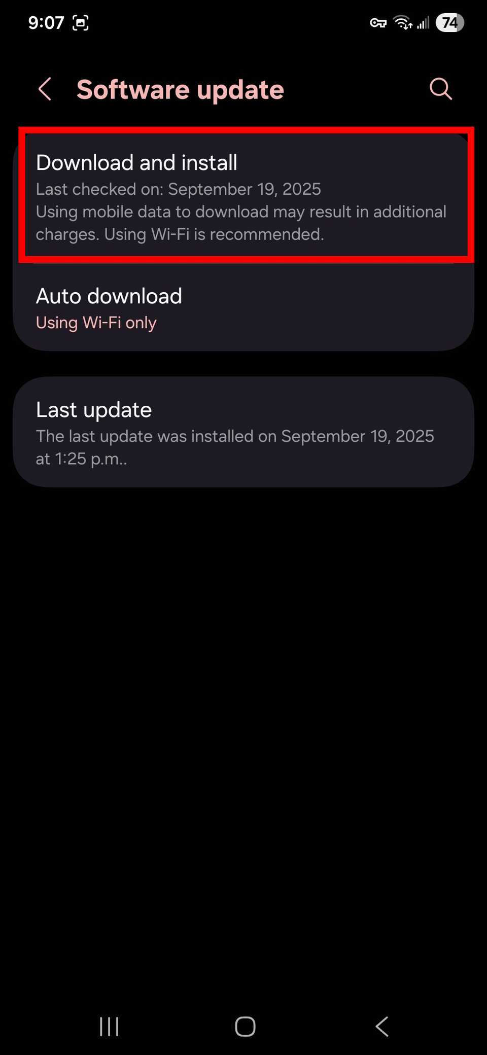 مخطط مستطيل أحمر يسلط الضوء على خيار التنزيل والتثبيت في قائمة تحديث البرنامج في One UI 8