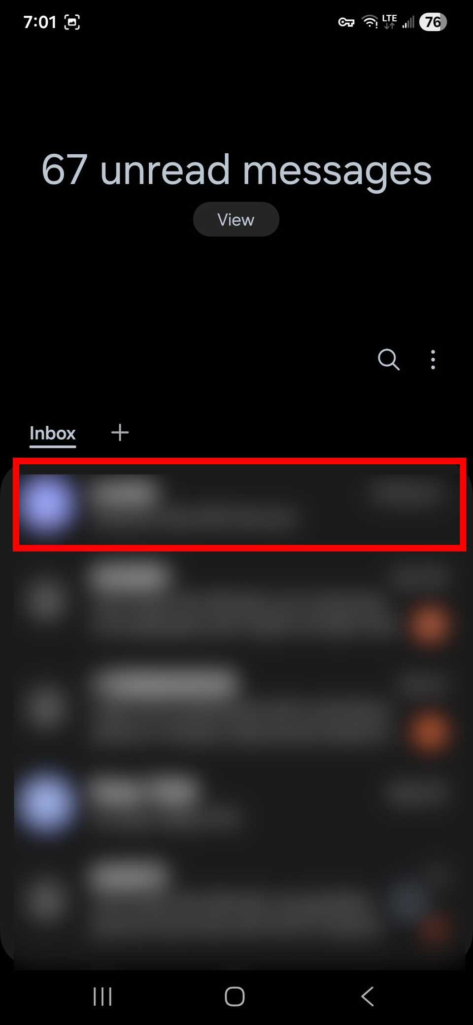 Red rectangle outline highlighting a blurred contact in Samsung Messages