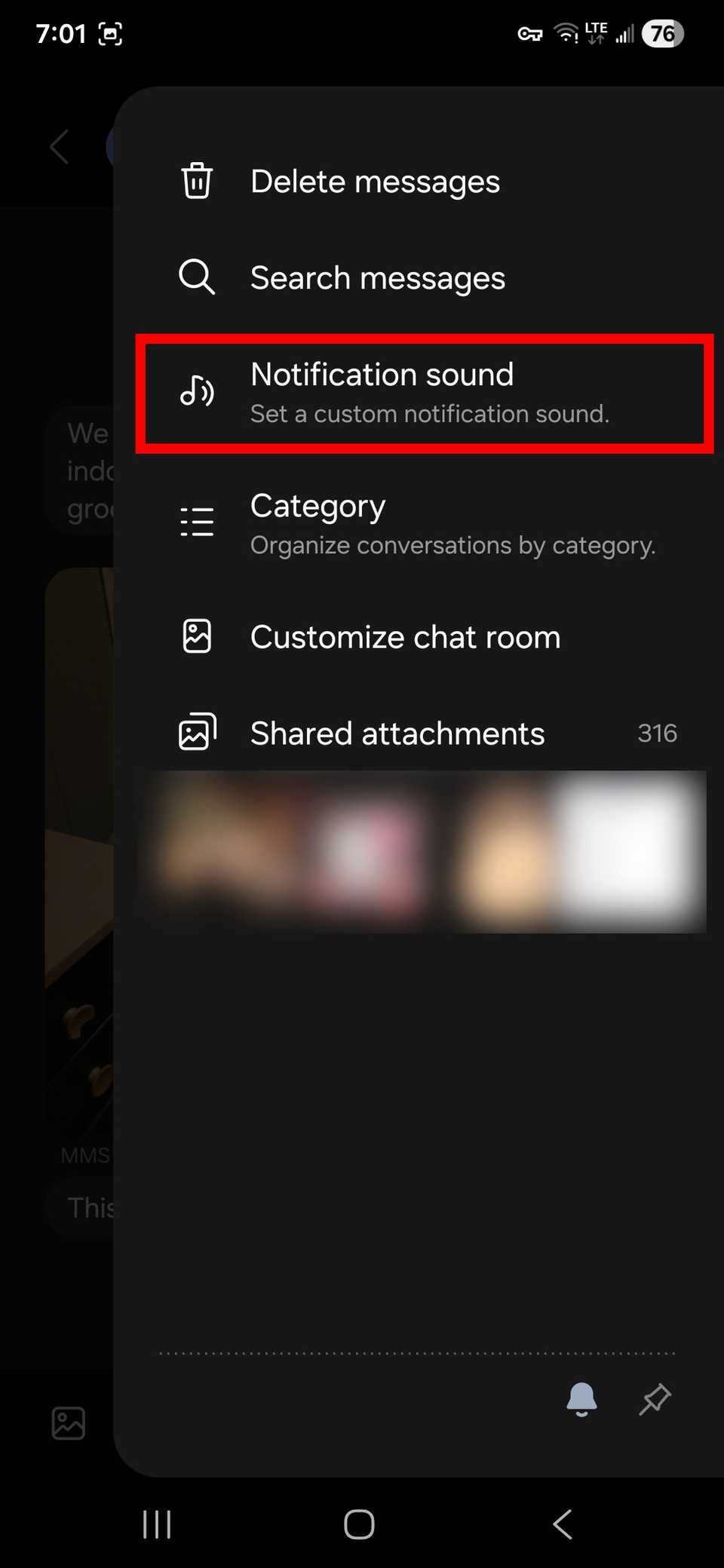 Red rectangle outline highlighting Notification sound for a contact in Samsung Messages
