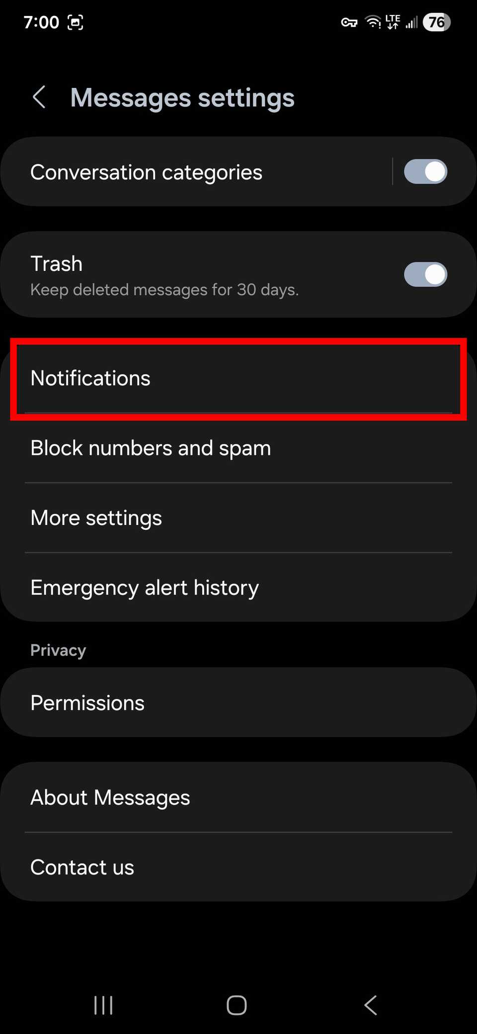 Red rectangle outline highlighting Notifications in Samsung Messages settings on One UI 8