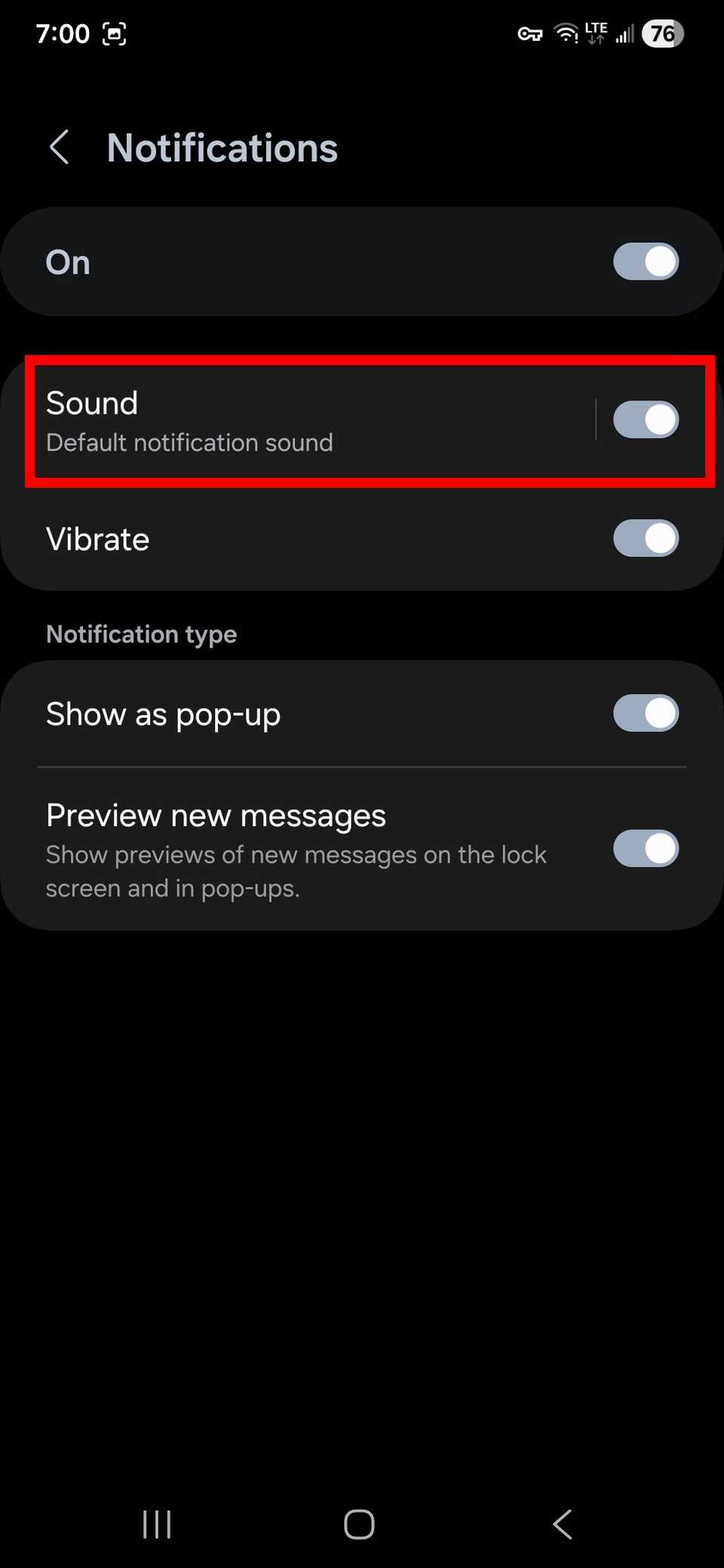 Red rectangle outline highlighting Sound in Notifications in Samsung Messages on One UI 8