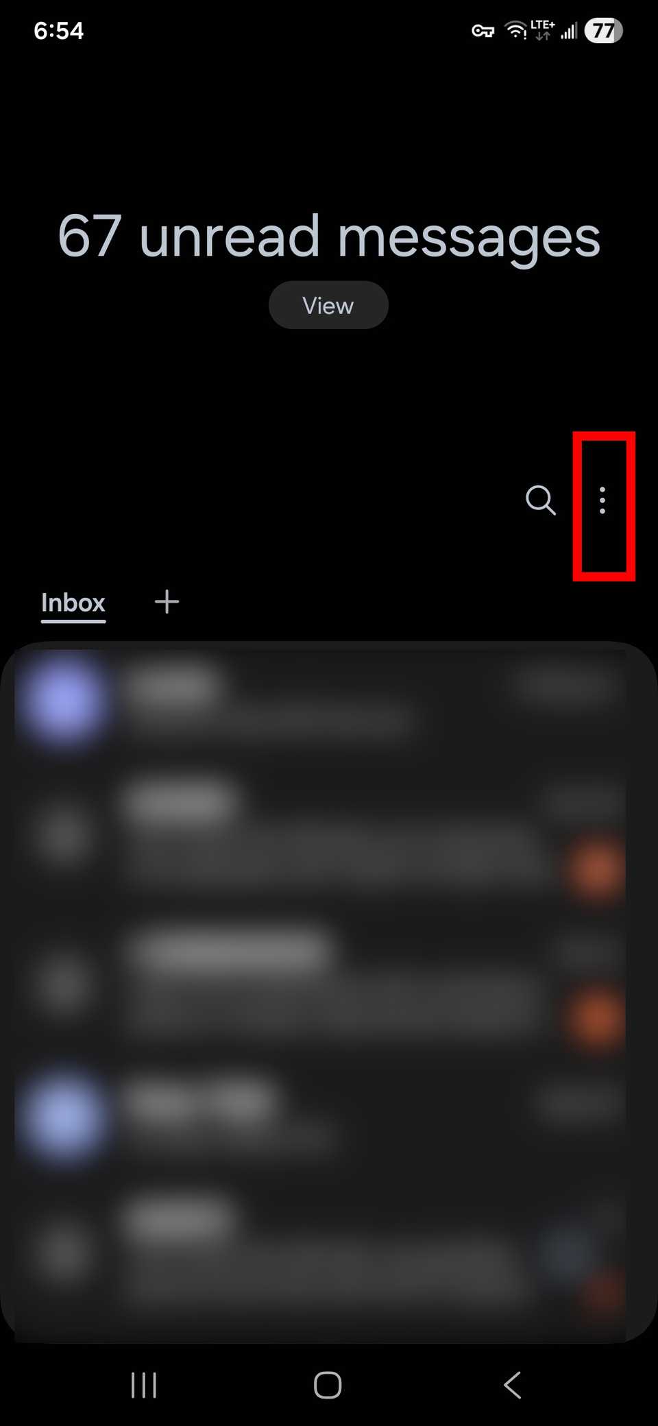 Red rectangle outline highlighting three-dot icon next to the search icon in Samsung Messages on One UI 8
