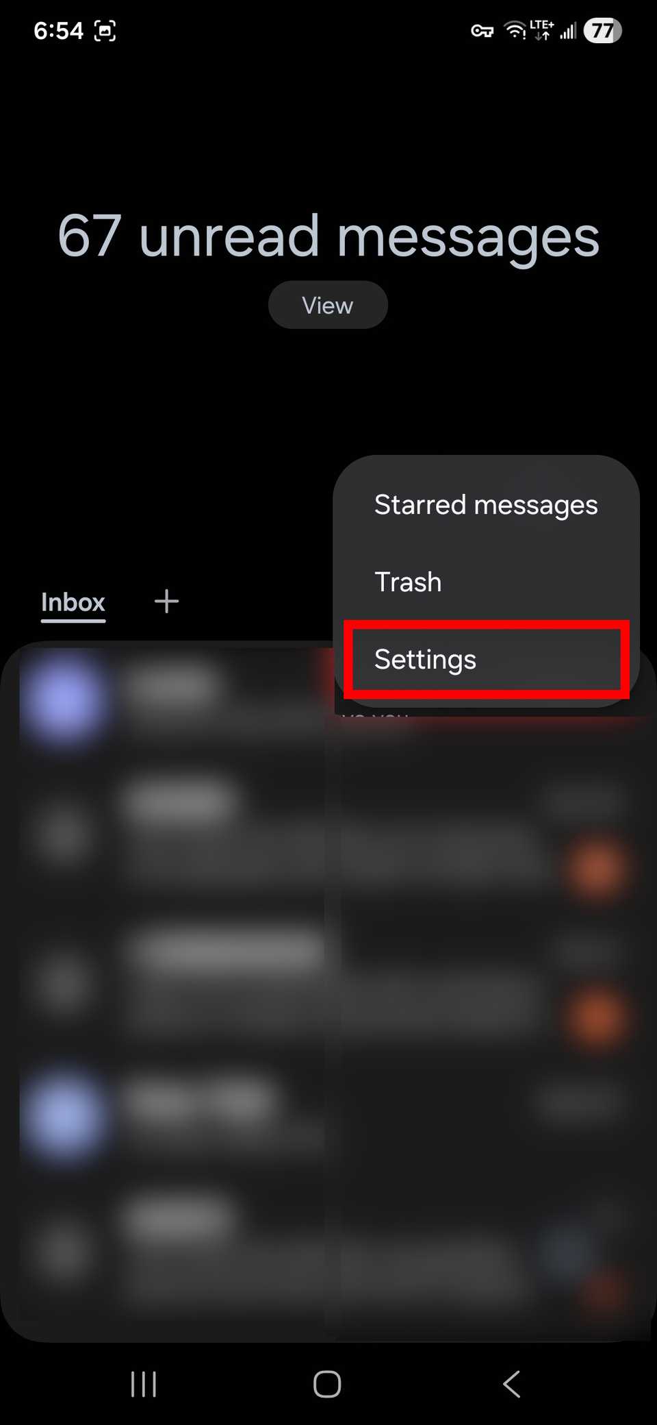 Red rectangle outline highlighting Settings in the expanded three-dot icon menu in Samsung Messages on One UI 8