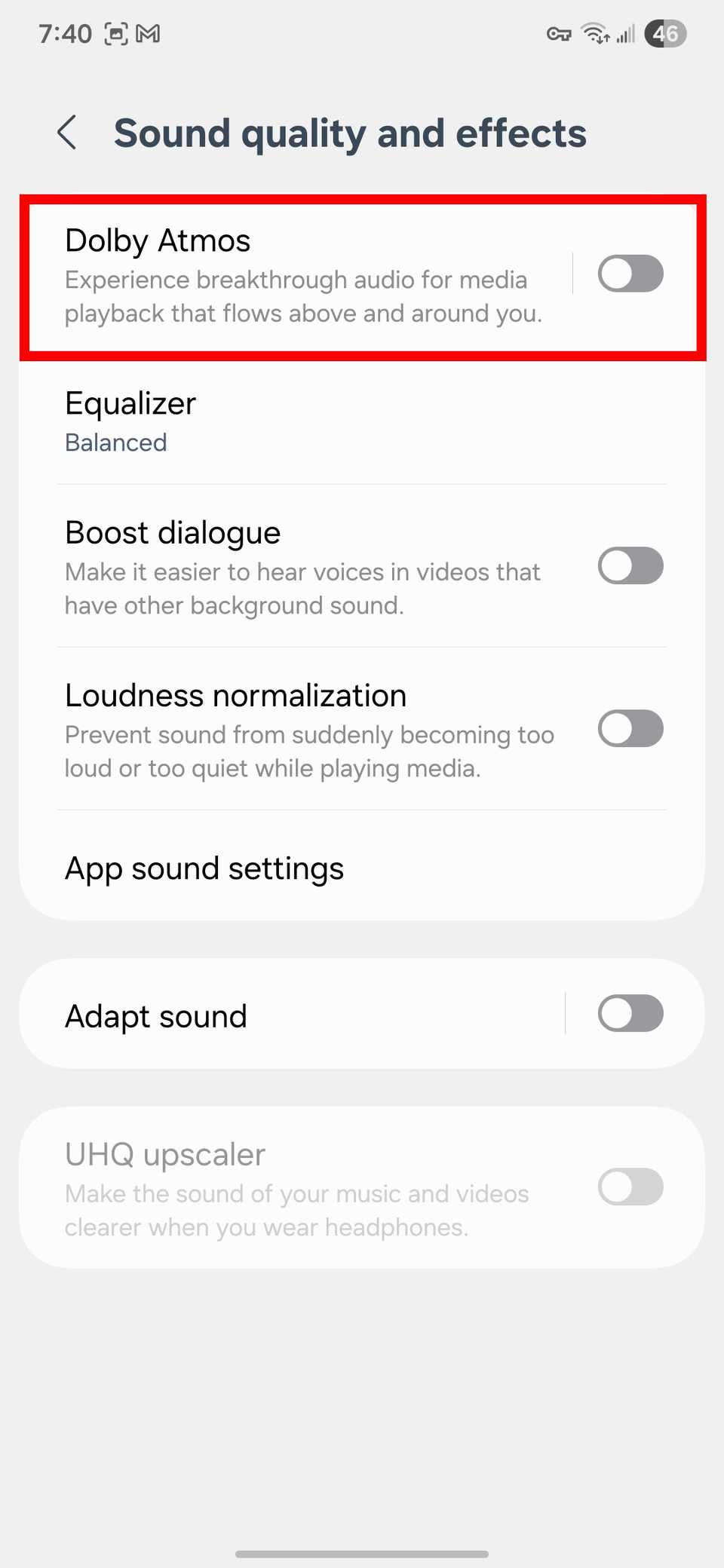 مخطط مستطيل أحمر يسلط الضوء على تبديل Dolby Atmos في One UI 8