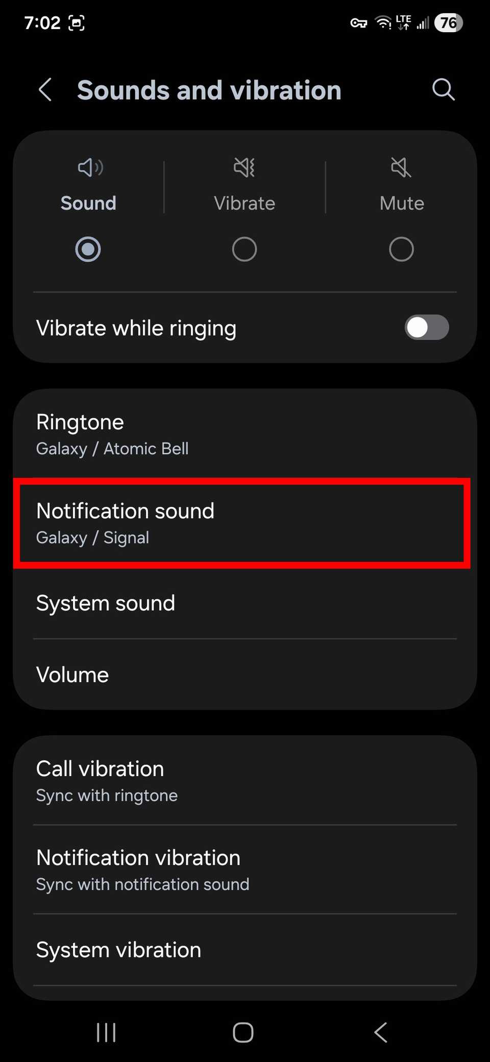 Red rectangle outline highlighting Notification sound in Sounds and vibration settings on One UI 8