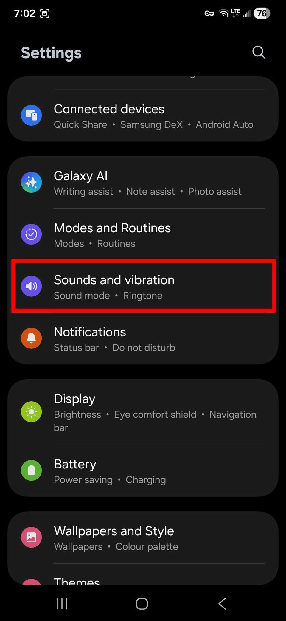 Red rectangle outline highlighting Sounds and vibration in One UI 8