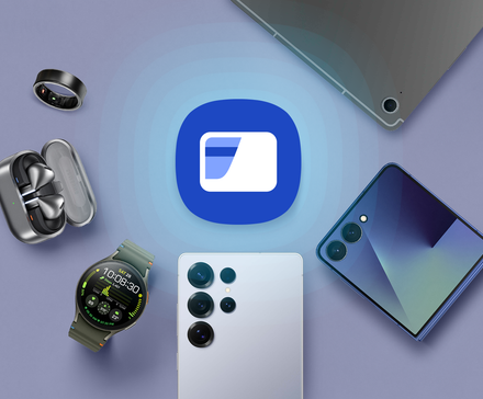 Samsung Wallet logo glowing at the center, surrounded by Galaxy devices including a smartphone, foldable phone, tablet, smartwatch, earbuds, and smart ring.
