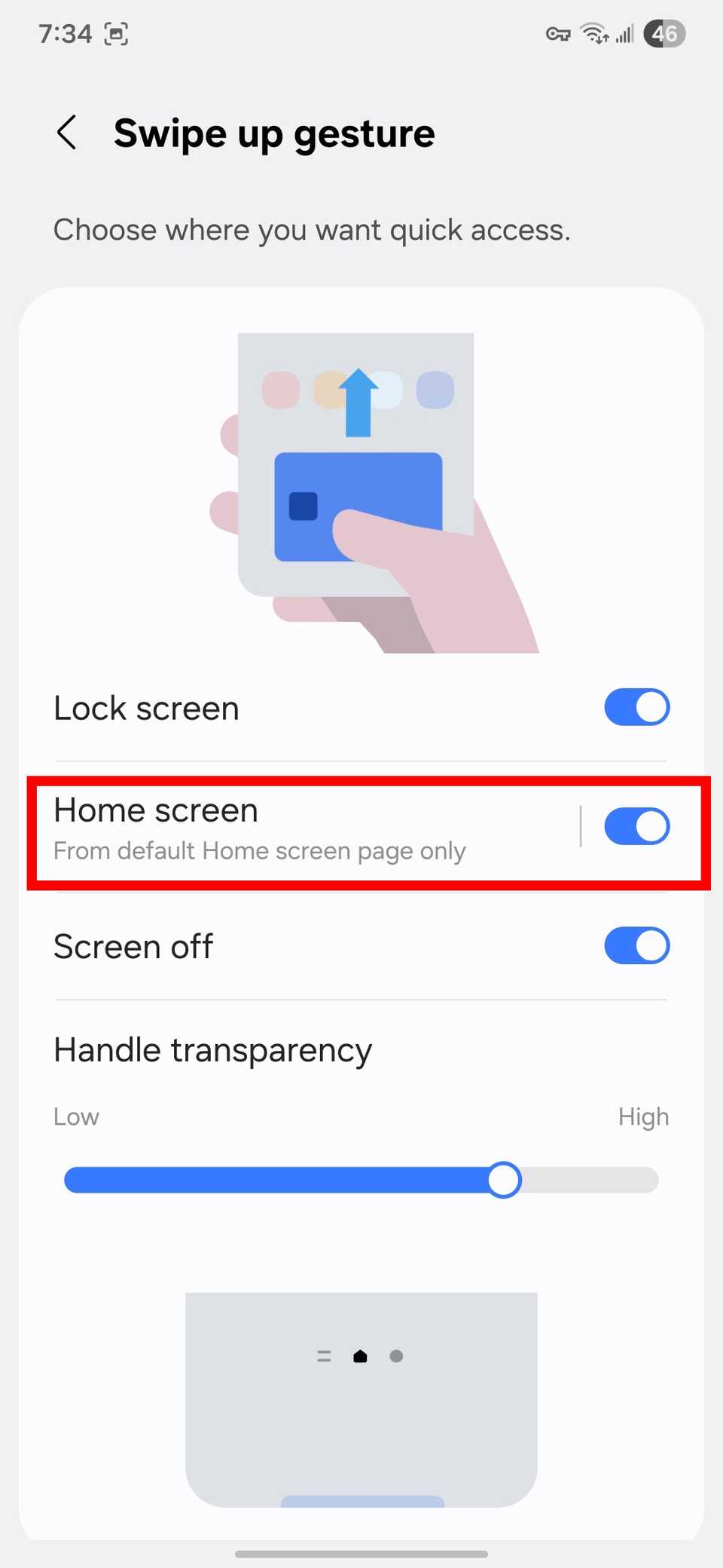 مخطط مستطيل أحمر يسلط الضوء على تبديل الشاشة الرئيسية في Samsung Wallet على One UI 8