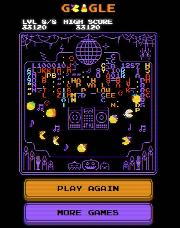 Uma captura de tela da tela final do jogo Google Doodle Pac-Man.