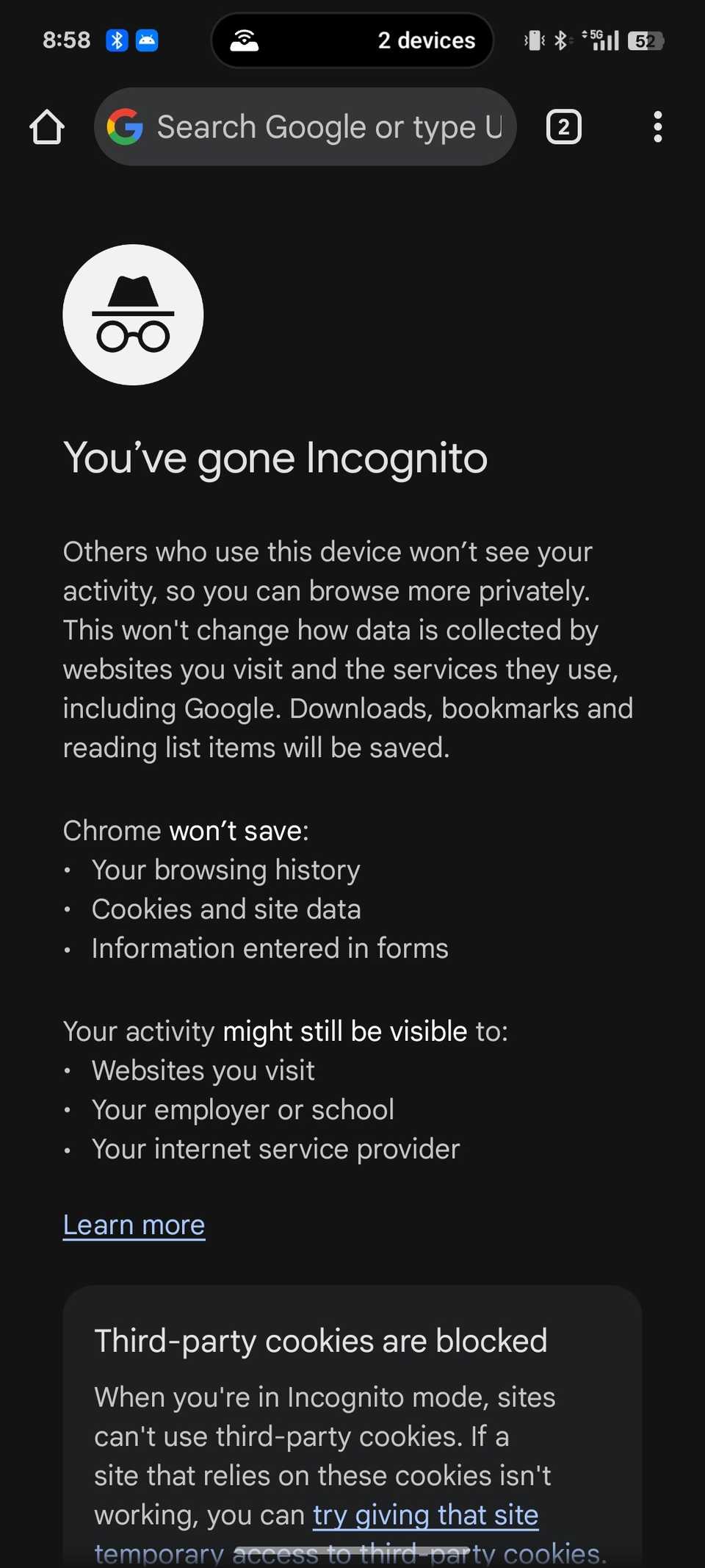 Screenshot of incognito mode on Chrome for Android after enabling permission in flags menu