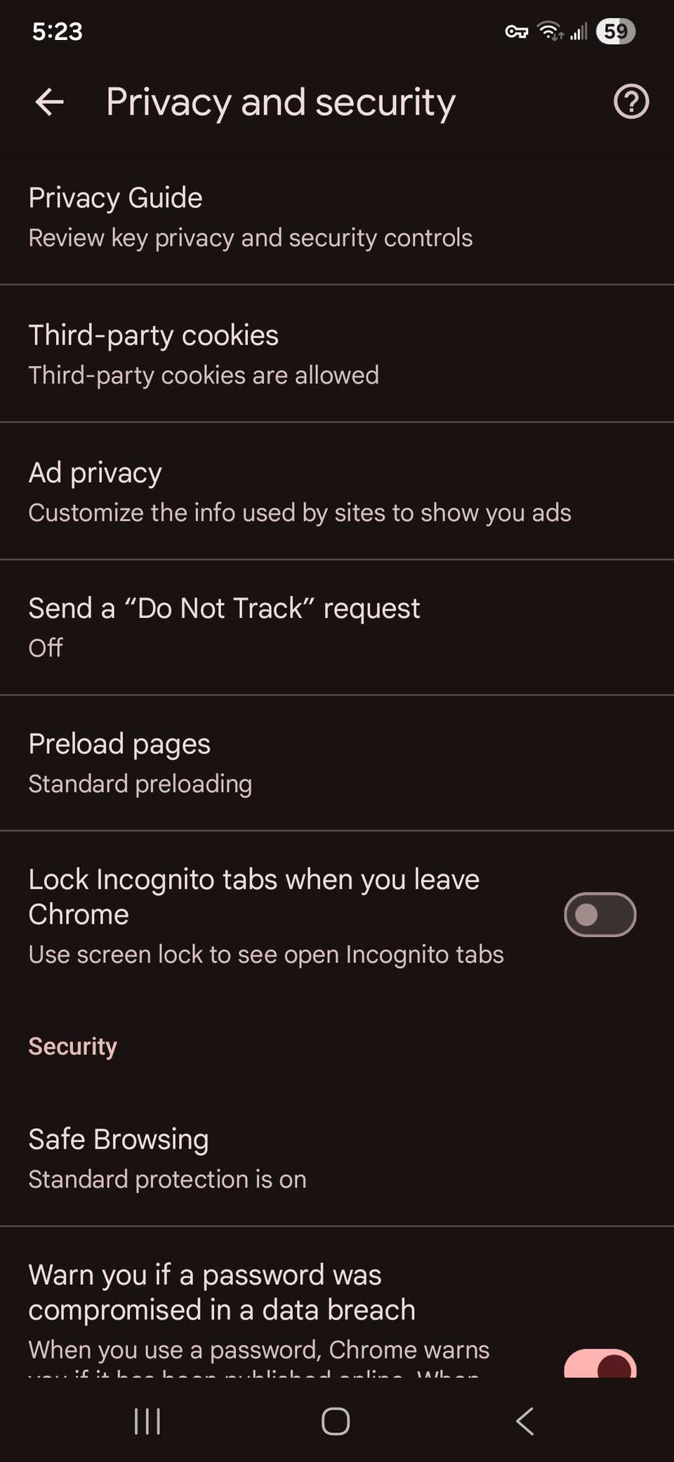 قائمة بإعدادات الخصوصية والأمان في متصفح Chrome