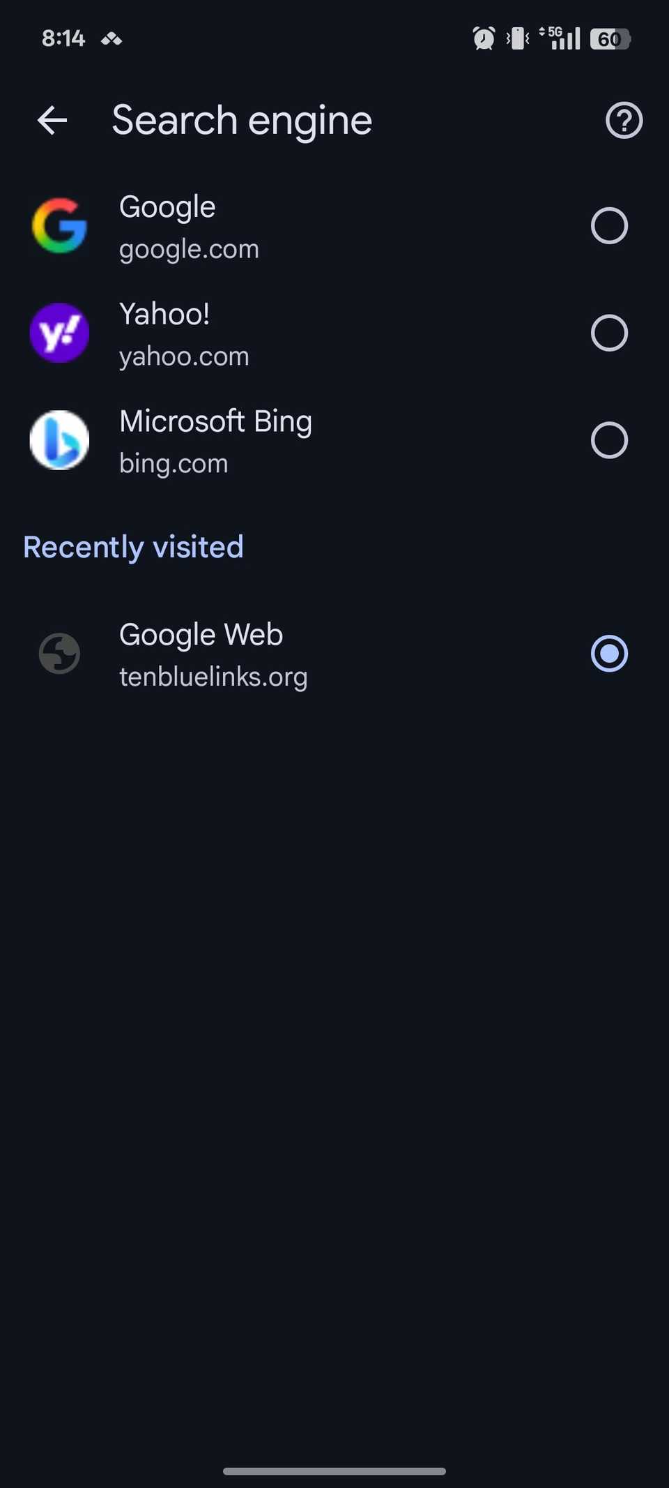 Recently visited TenBlueLinks website selected as preferred search engine in Chrome for Android