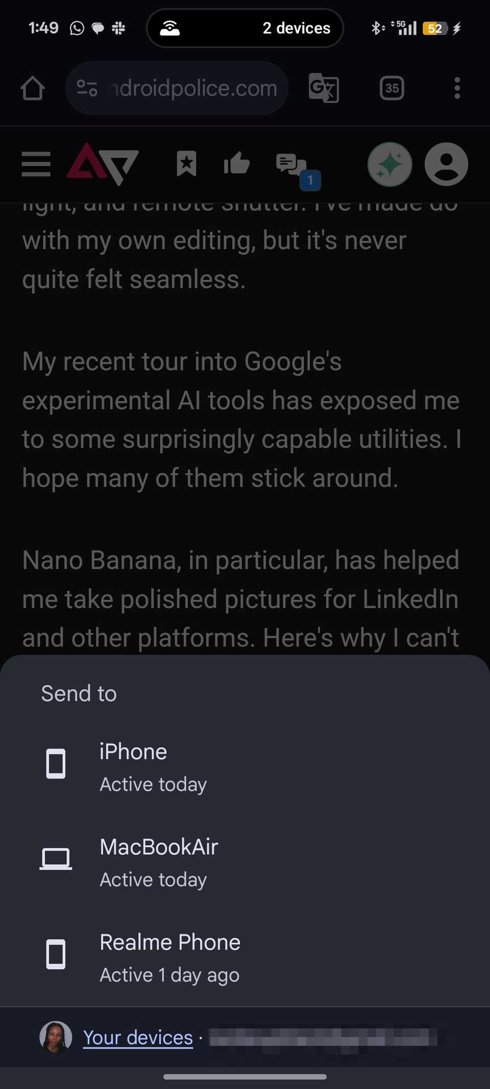 List of Google account connected devices in prompting user to send web link to them