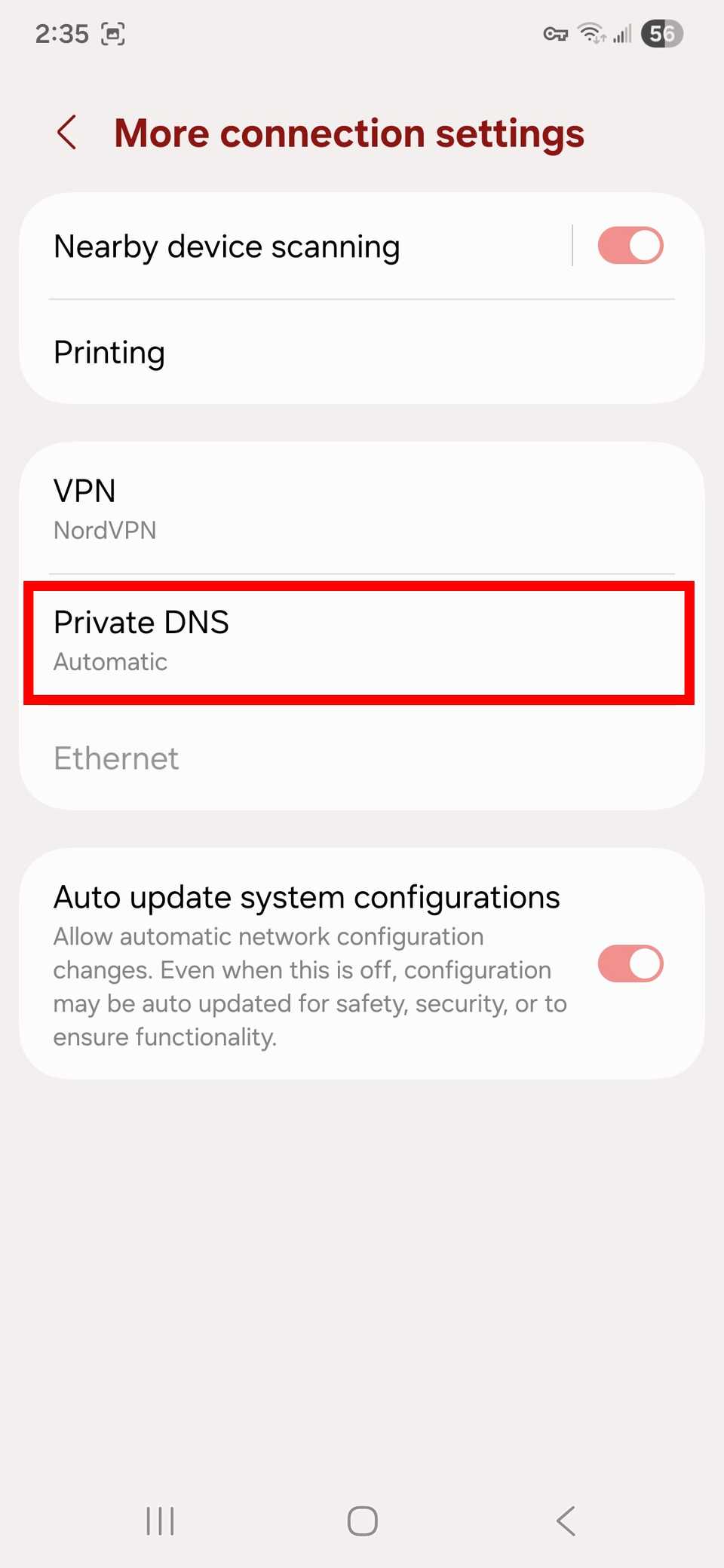 مستطيل أحمر يسلط الضوء على DNS الخاص في المزيد من إعدادات الاتصال على Samsung
