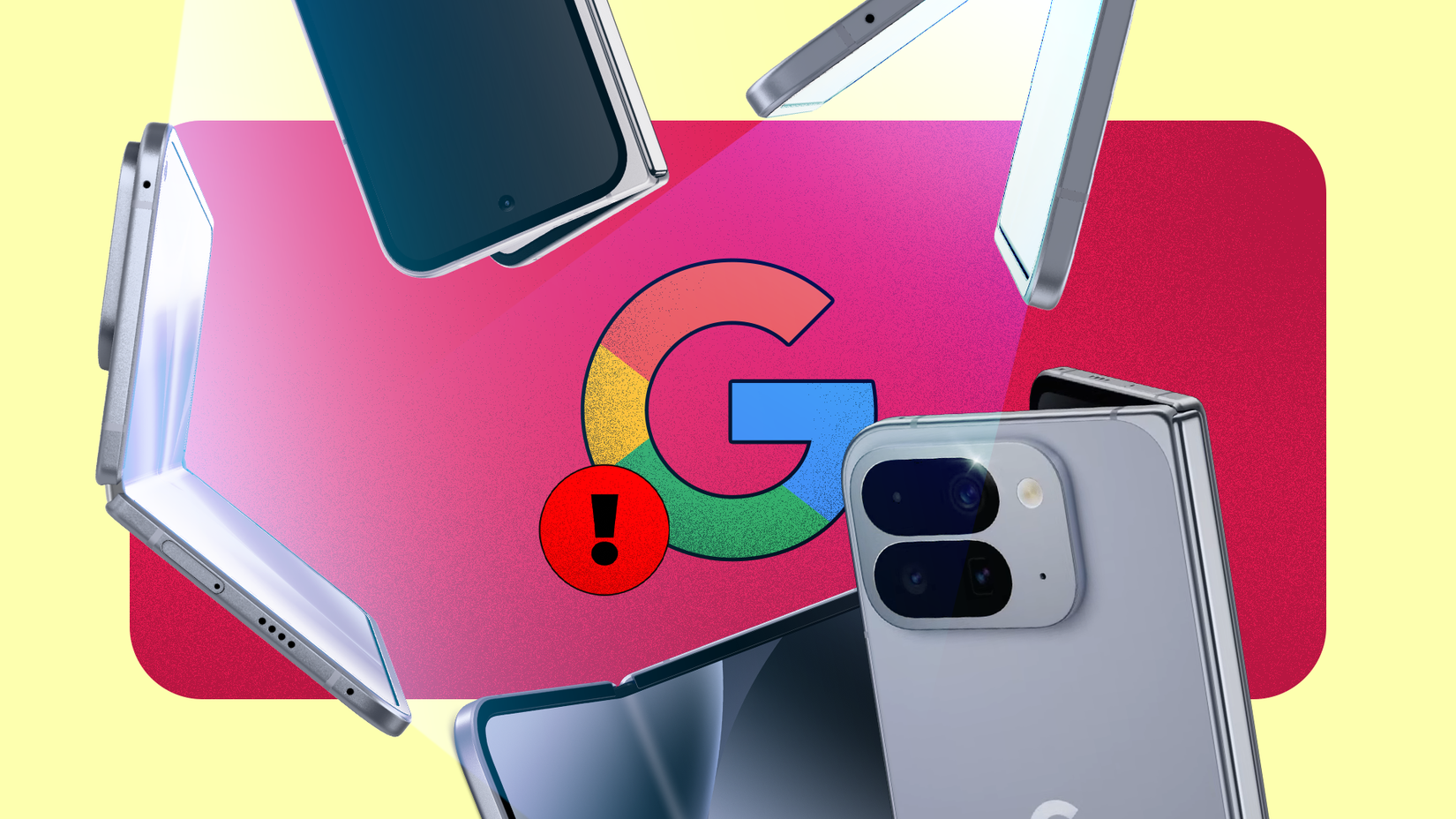 Vários smartphones Pixel Fold flutuam em torno de um grande logotipo do Google com um sinal de alerta.