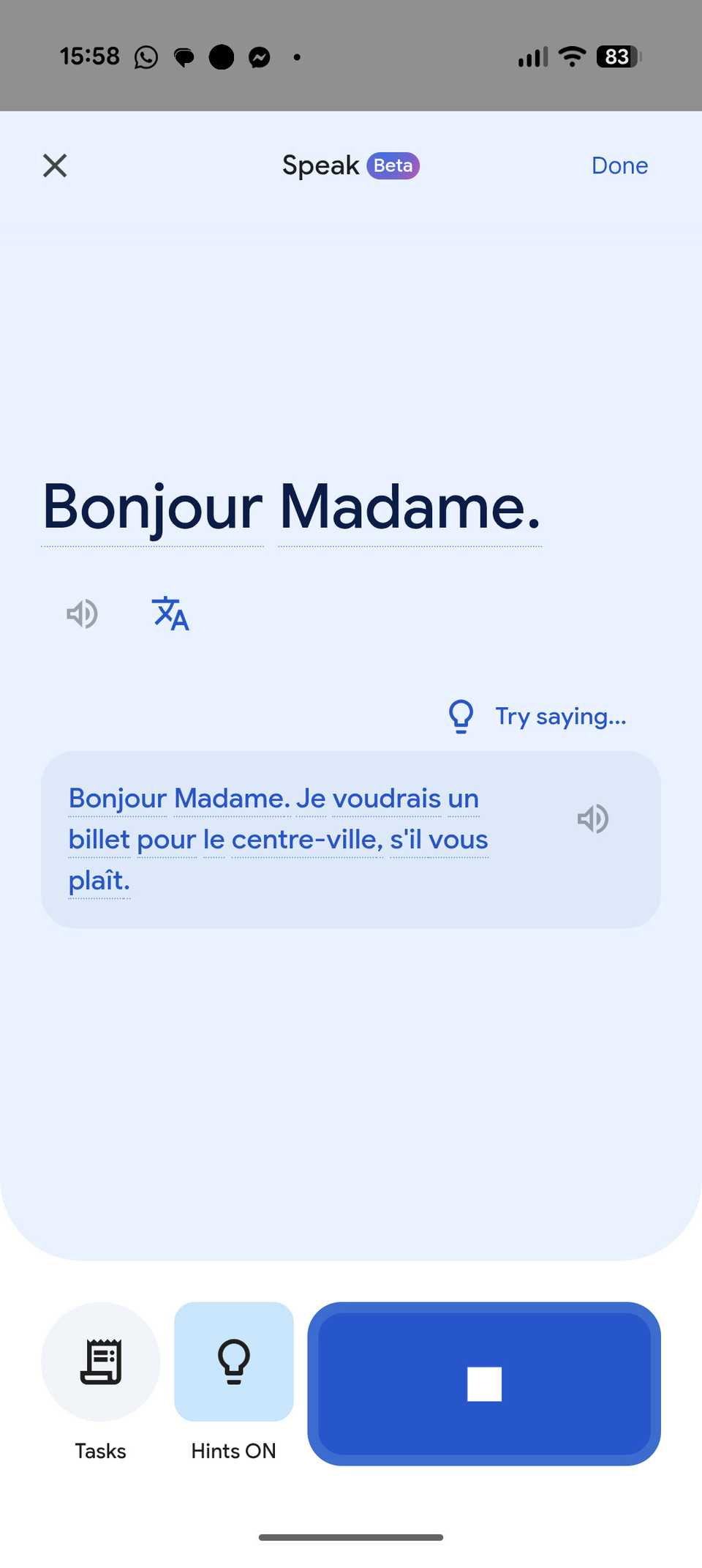 Speaking practice underway in Google Translate Practice.