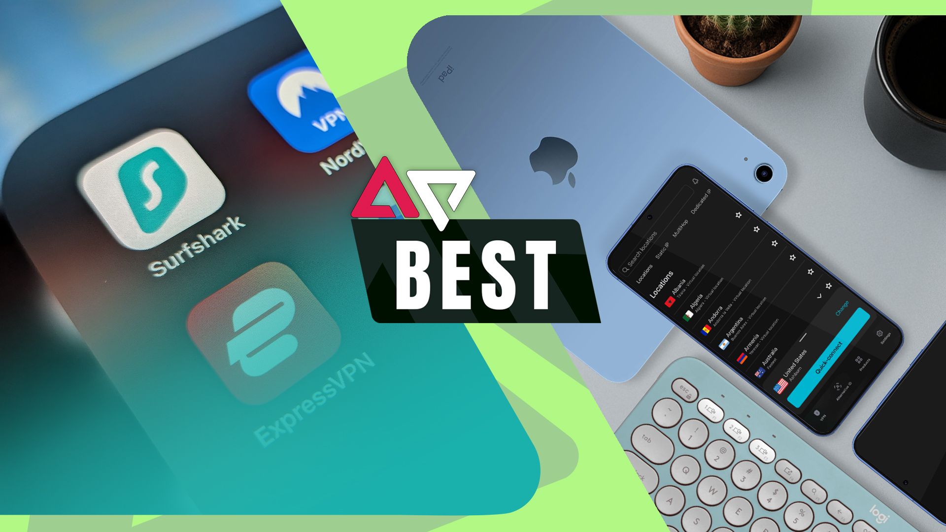 Grafica a schermo diviso che mostra la VPN Surfshark insieme a un tablet, uno smartphone e una tastiera, con l'etichetta 