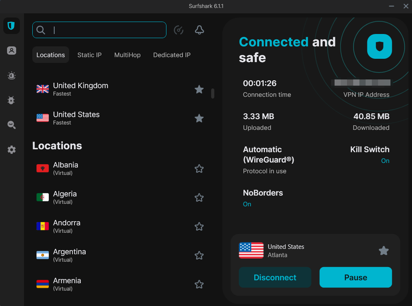 Surfshark connected to a US VPN server