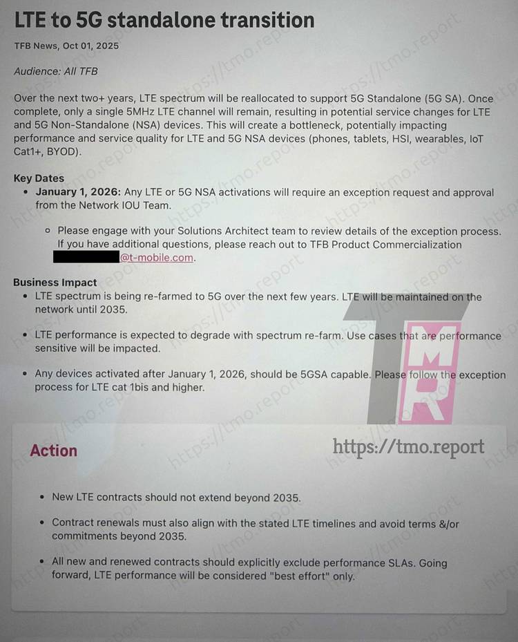 internal document showing T-Mobile's LTE retirement plan