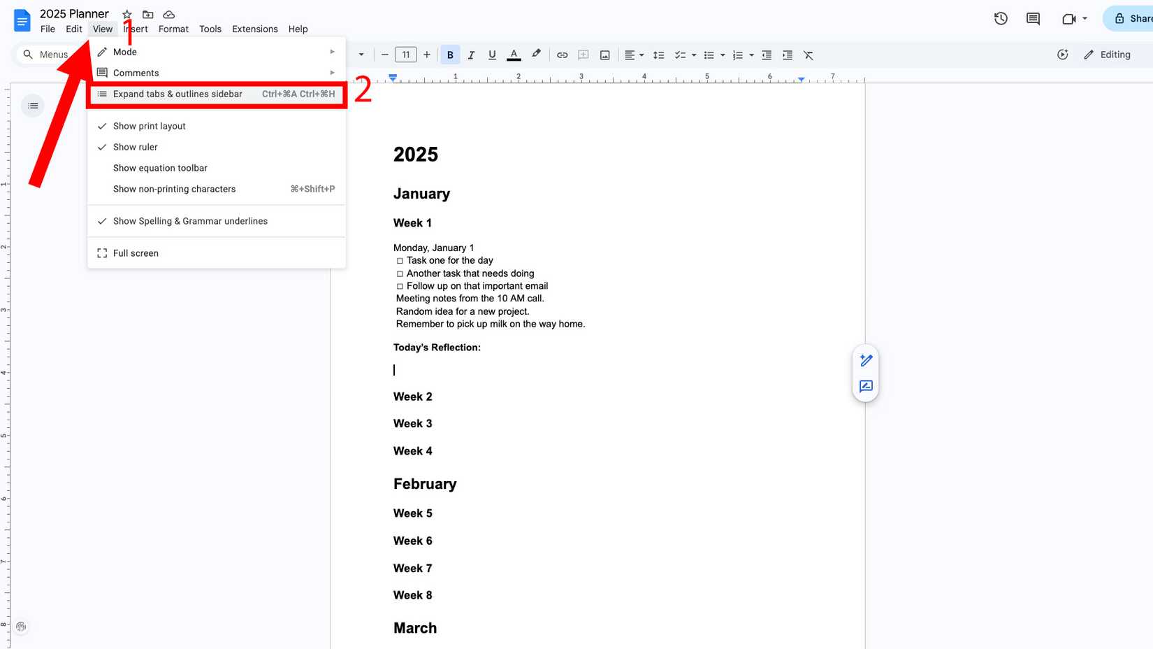 Google Docs interface showing the 'View' menu open with 'Expand tabs & outlines sidebar' highlighted, and a planner document for 2025 visible on the right