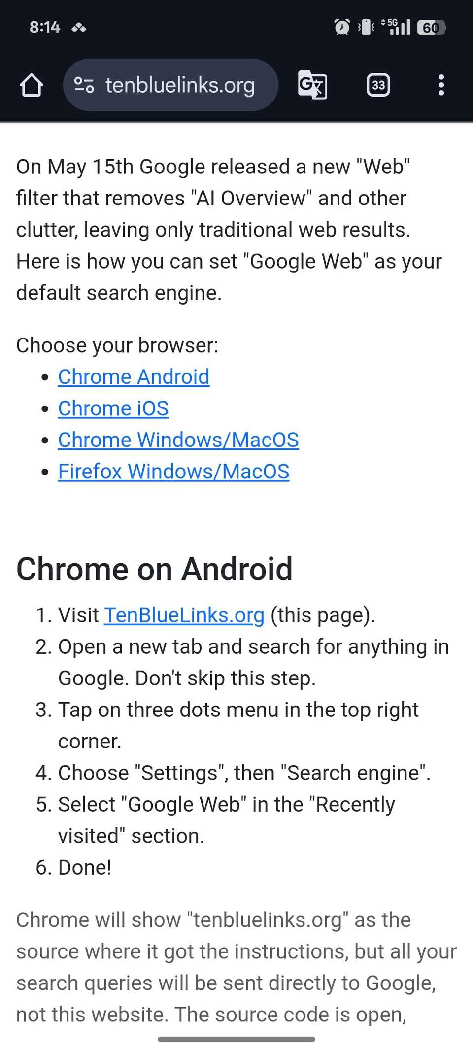TenBlueLinks website showing instructions for eliminating AI Overviews with search engine tweaks