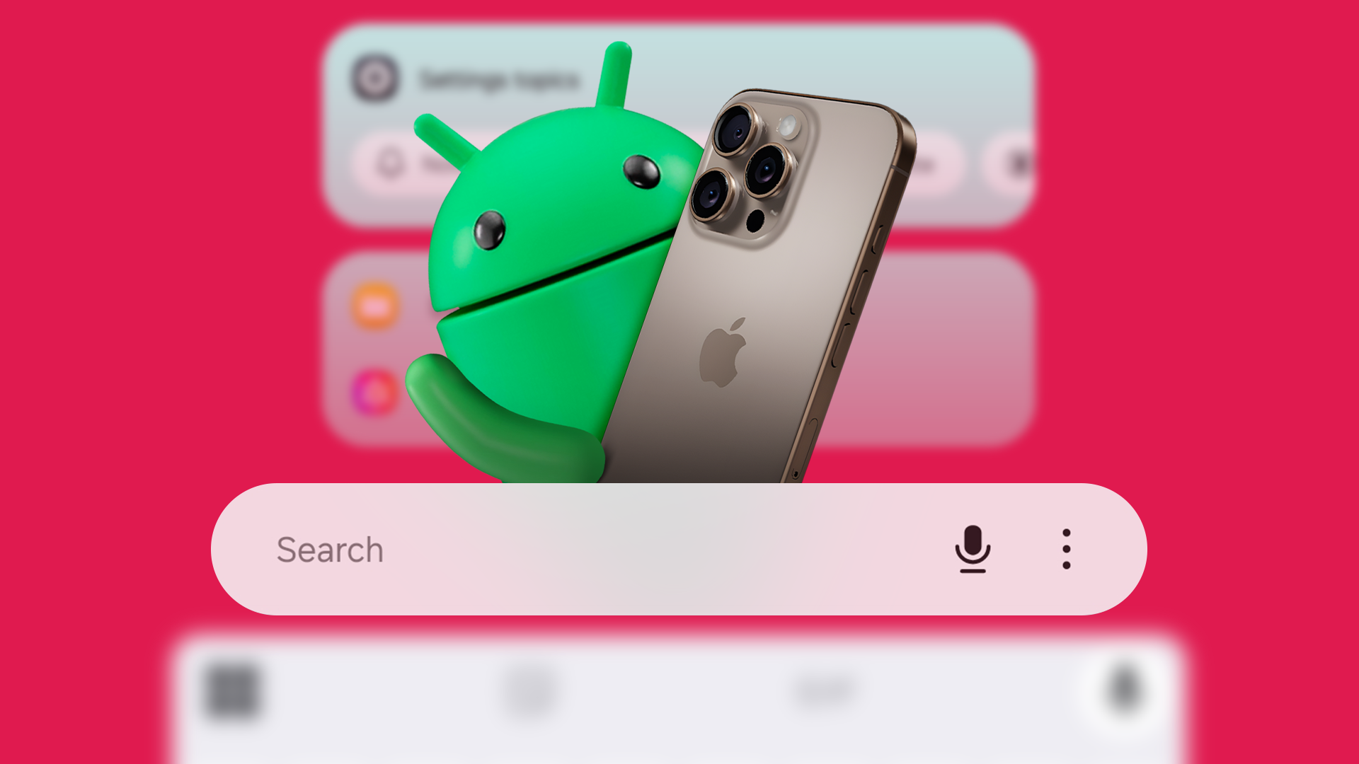 The Android mascot holding an iPhone above the Samsung search bar interface