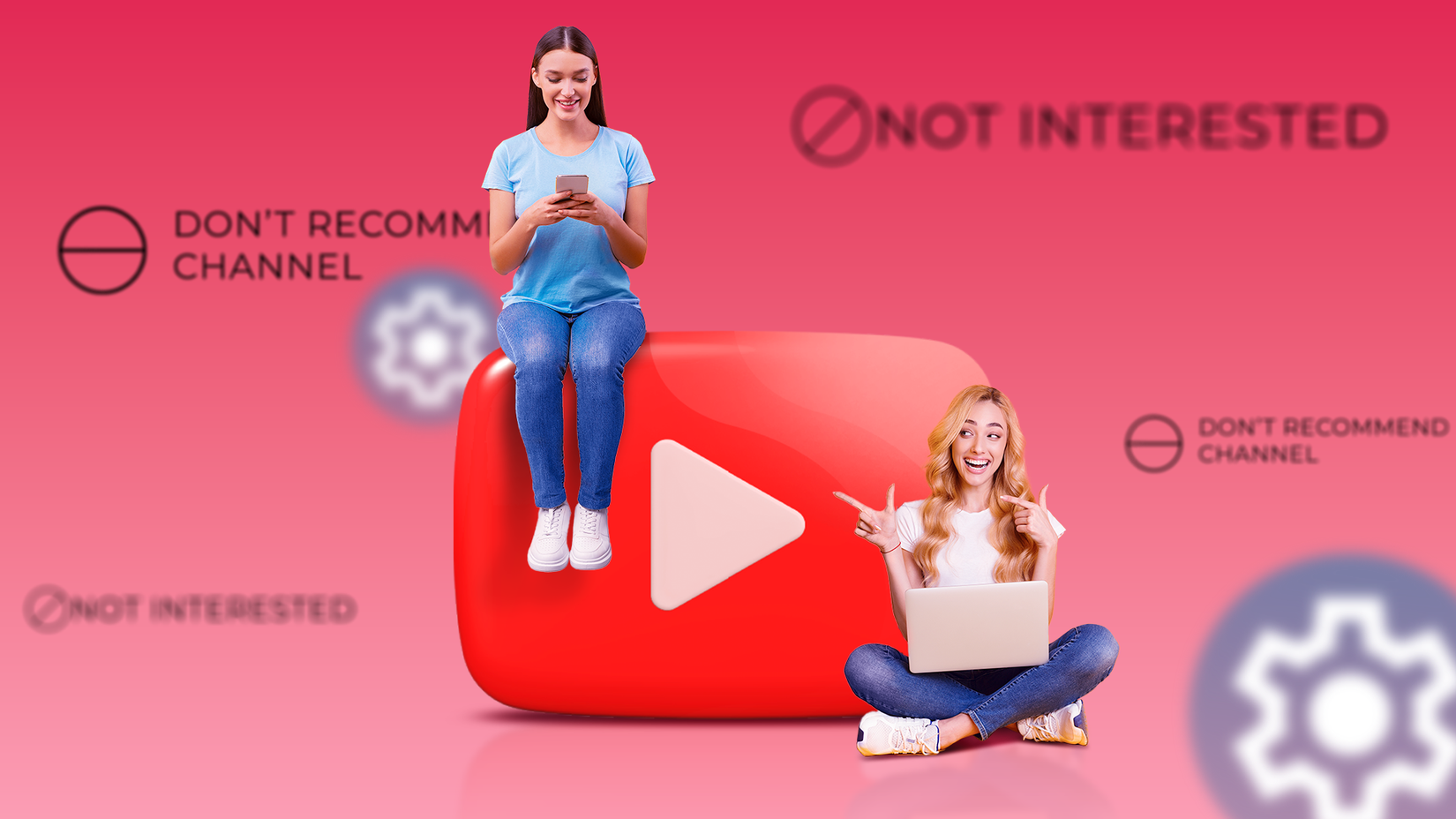 Duas mulheres sentam-se ao lado de um grande botão com logotipo do YouTube cercado pelos ícones 