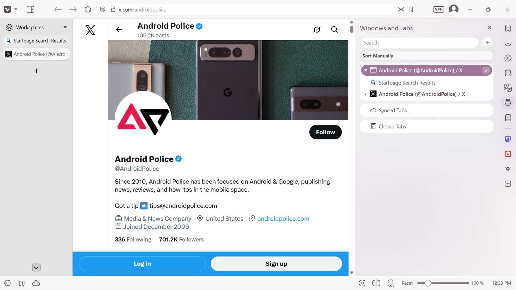 Overview of what Vivaldi looks like as a desktop web browser with the Android Police X page opened