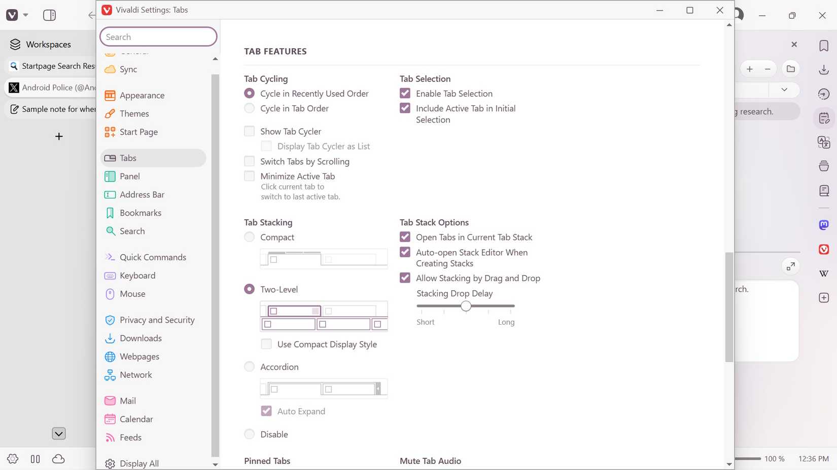 Showing a list of tab features on Vivaldi desktop web browser