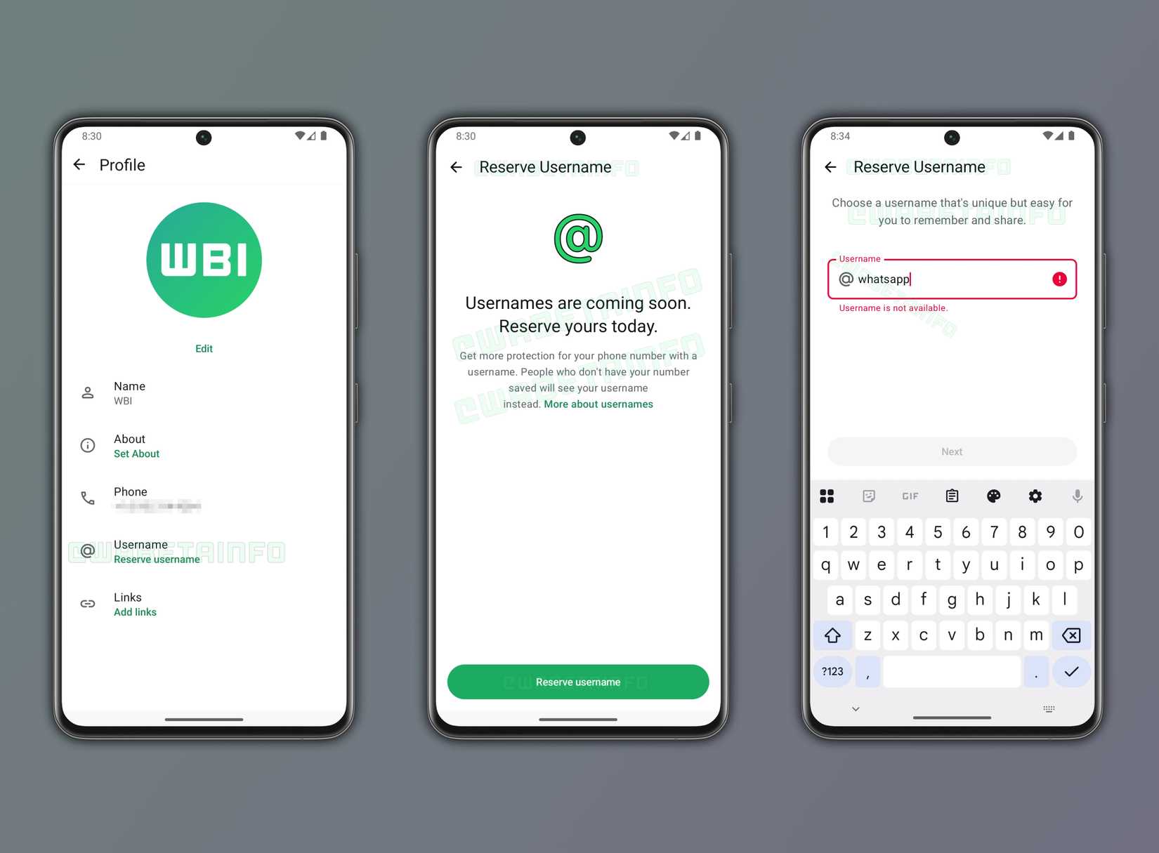 Screenshots highlighting WhatsApp's upcoming username reservation feature. 