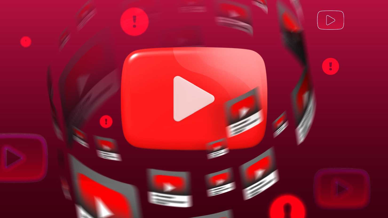 YouTube play button surrounded by a swirl of video thumbnails and alert icons