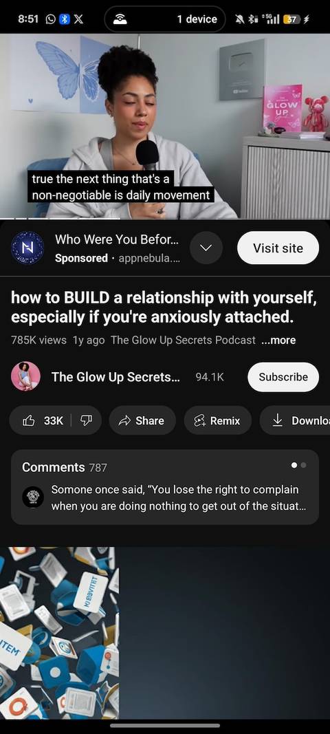 Minimised video playback screen showing woman talking on how to build self-relationship on YouTube