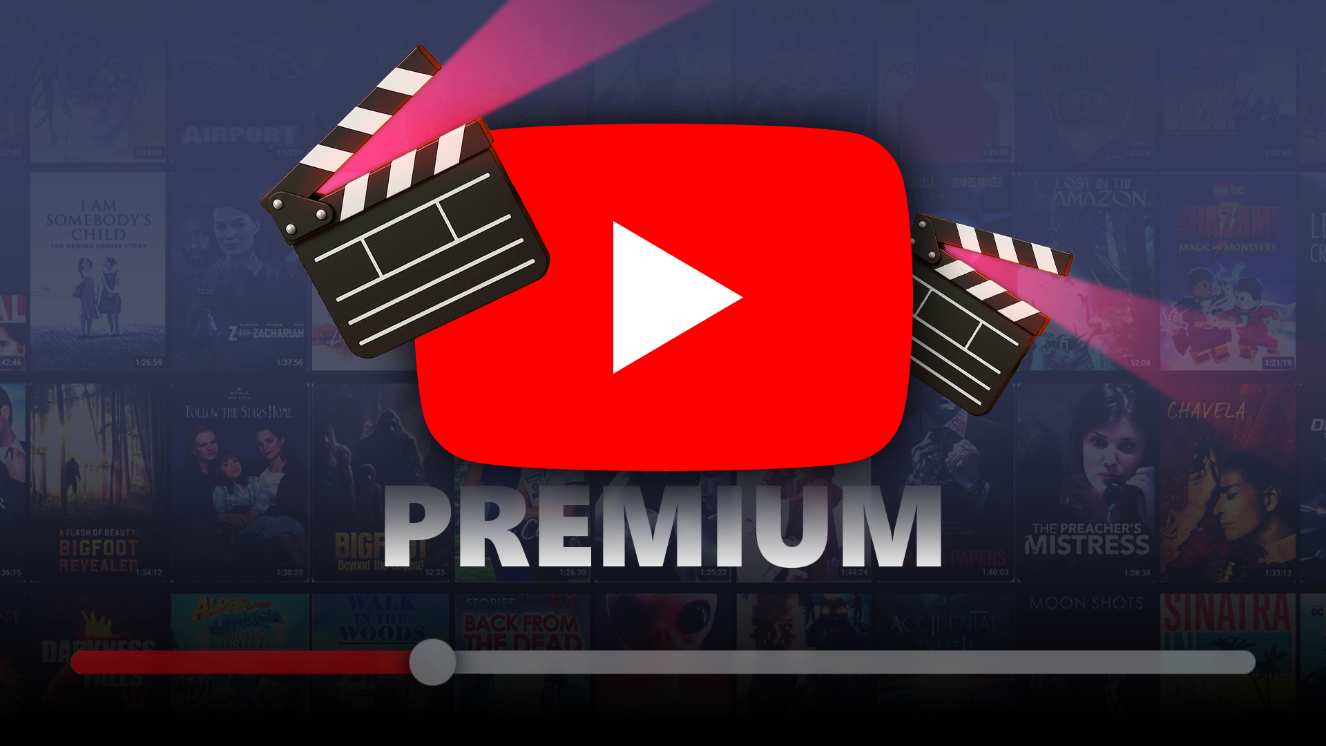 YouTube Premium logo with movie clapperboards and several movies in the background